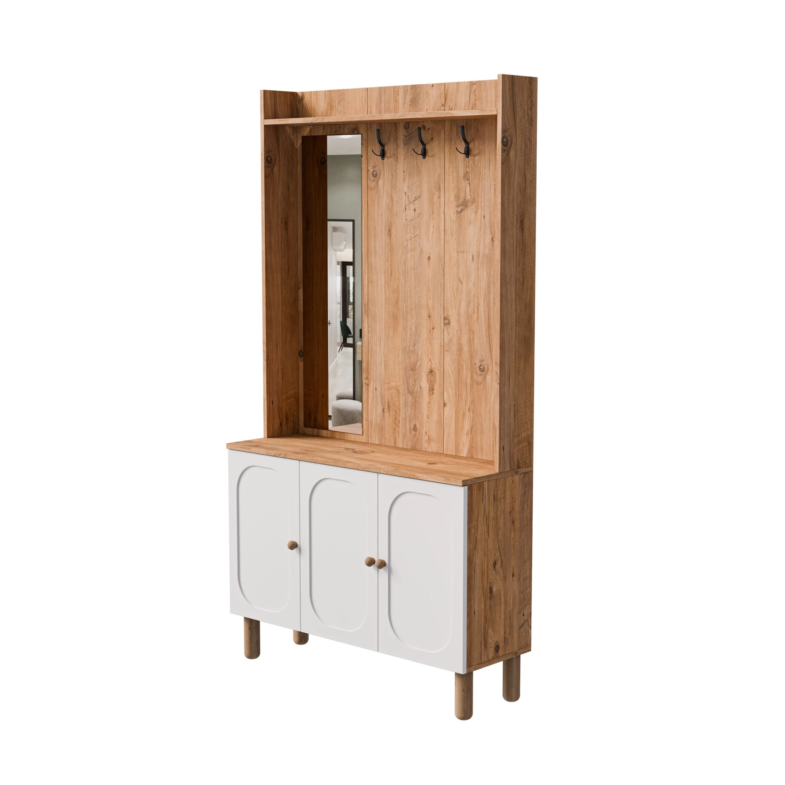 5090 Roma Sol Aynalı 3 Kapaklı (Membran) 3 Askılı Bohem Portmanto Atlantik Çam - Beyaz