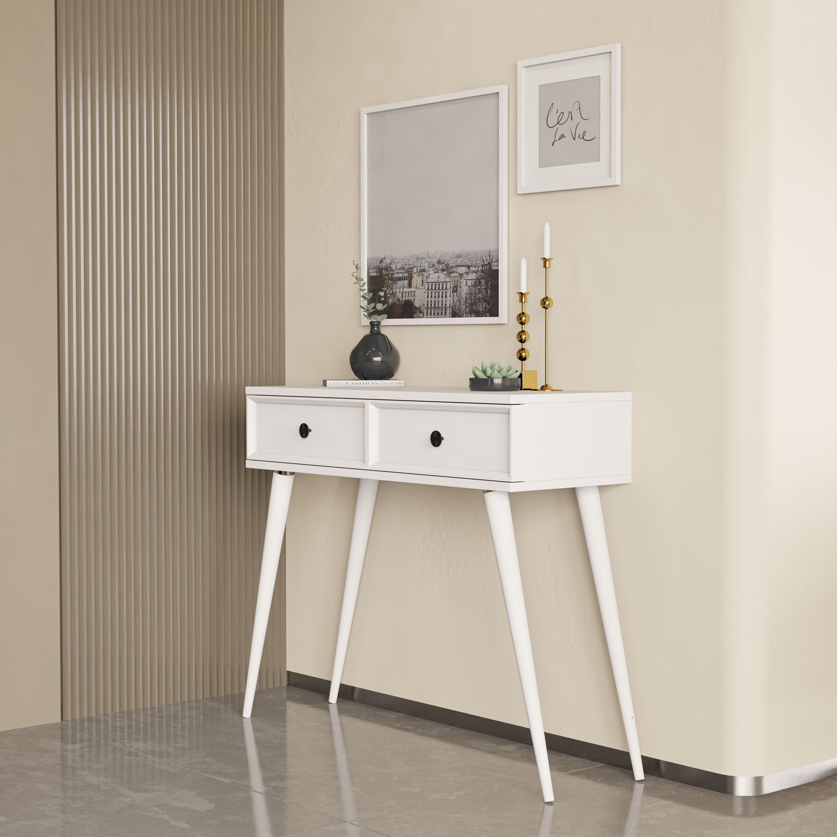6021 LUNA (AHŞAP AYAKLI) MDF PROFİL ÇERÇEVELİ 2 ÇEKMECELİ DRESUAR BEYAZ