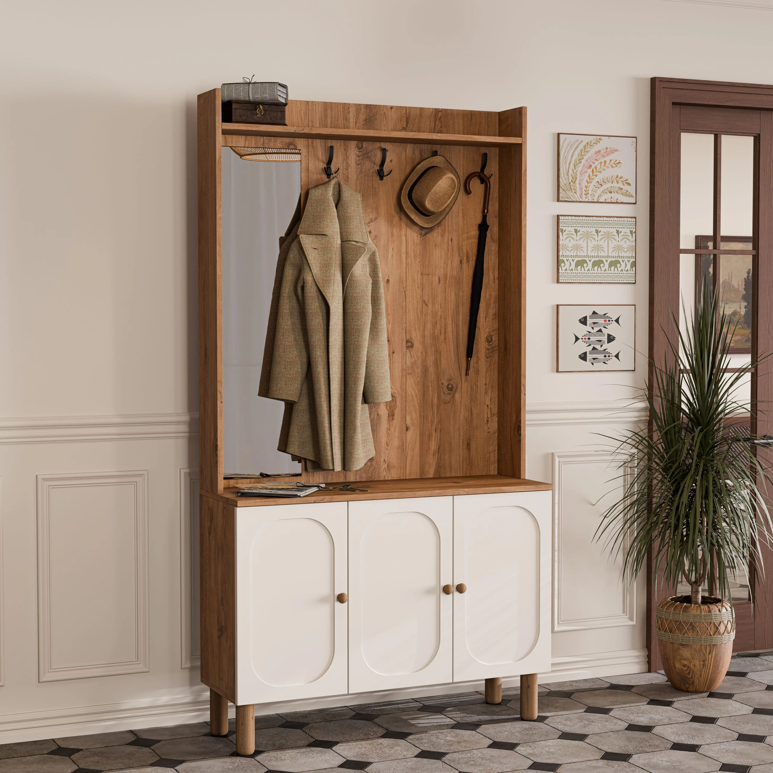 5090 Roma Sol Aynalı 3 Kapaklı (Membran) 3 Askılı Bohem Portmanto Atlantik Çam - Beyaz