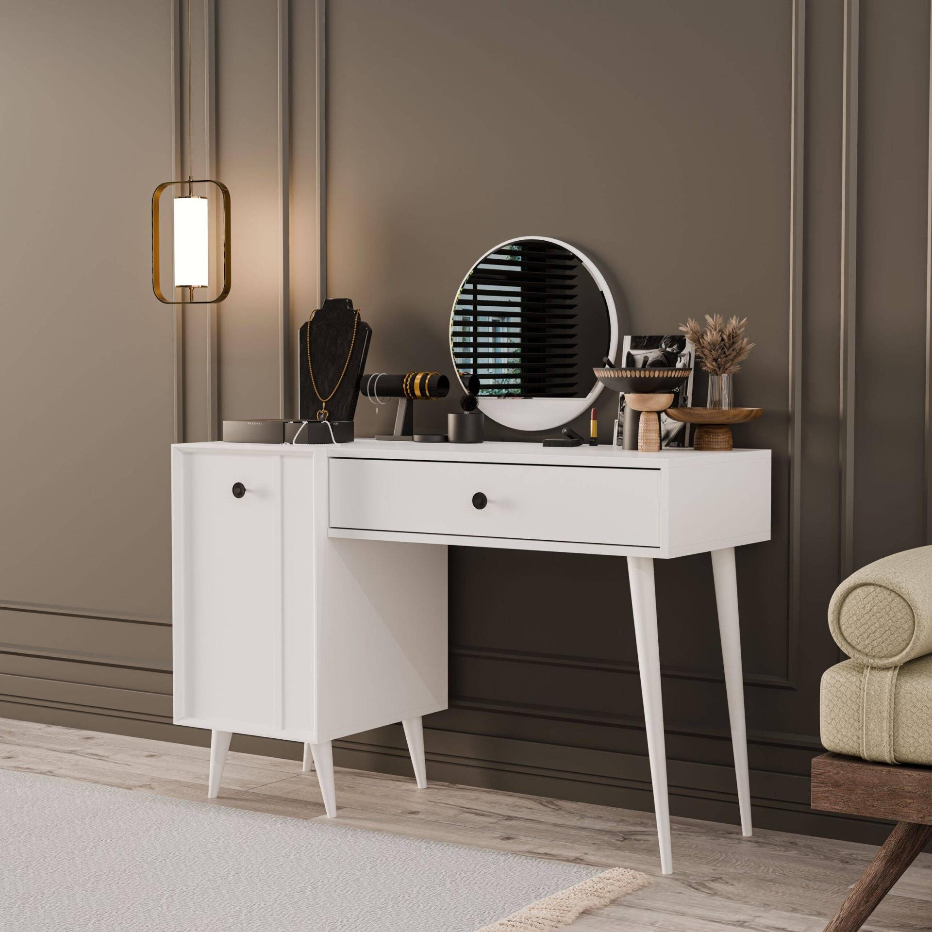 2240 LOVE AYNALI (AHŞAP AYAKLI) MDF PROFİL ÇERÇEVELİ ÇEKMECELİ - KAPAKLI 120 CM MAKYAJ MASASI BEYAZ