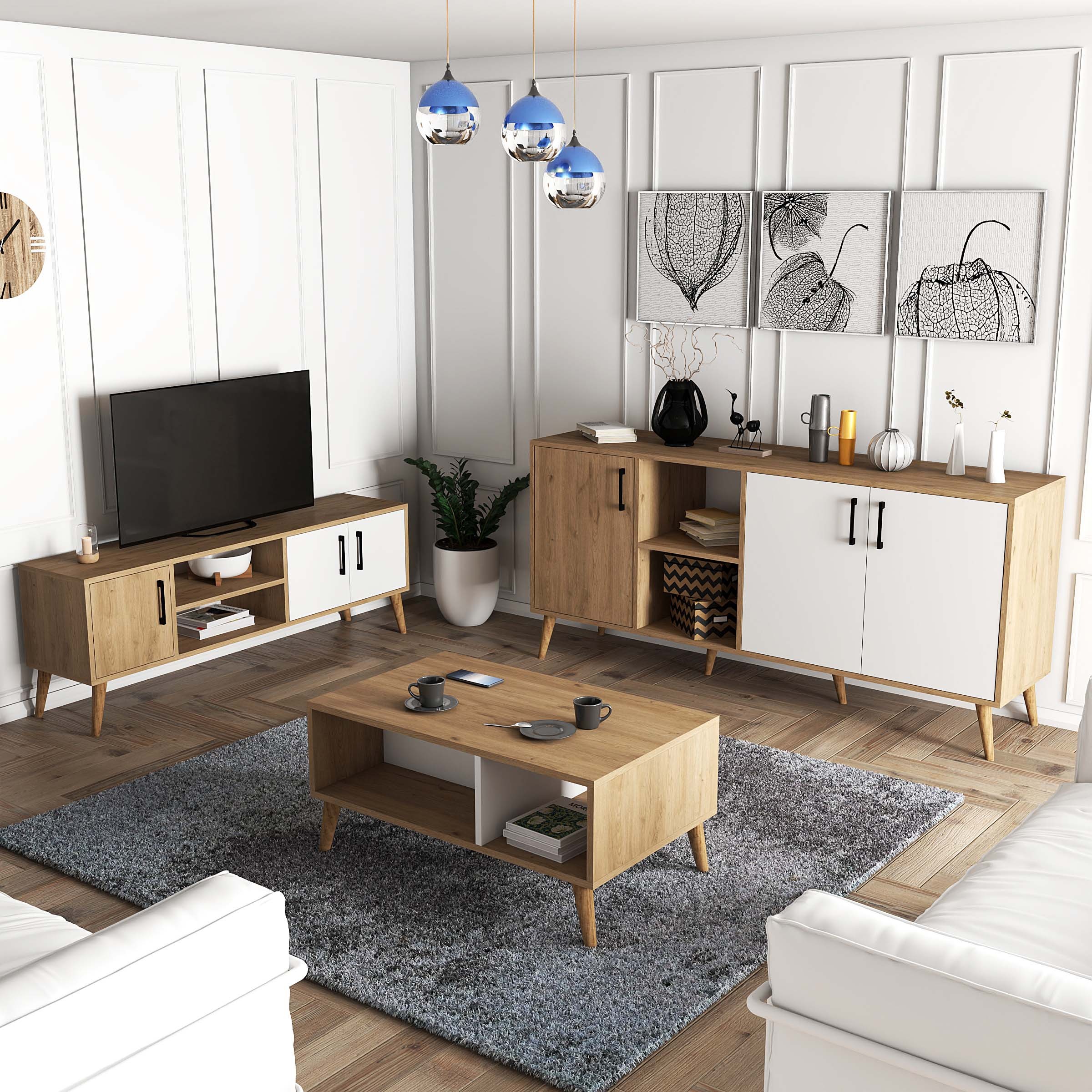 SET 1584-2074-1624 Exxen (ahşap Ayaklı) Tv Ünitesi - Orta Sehpa - Konsol SETi Sepet - Beyaz
