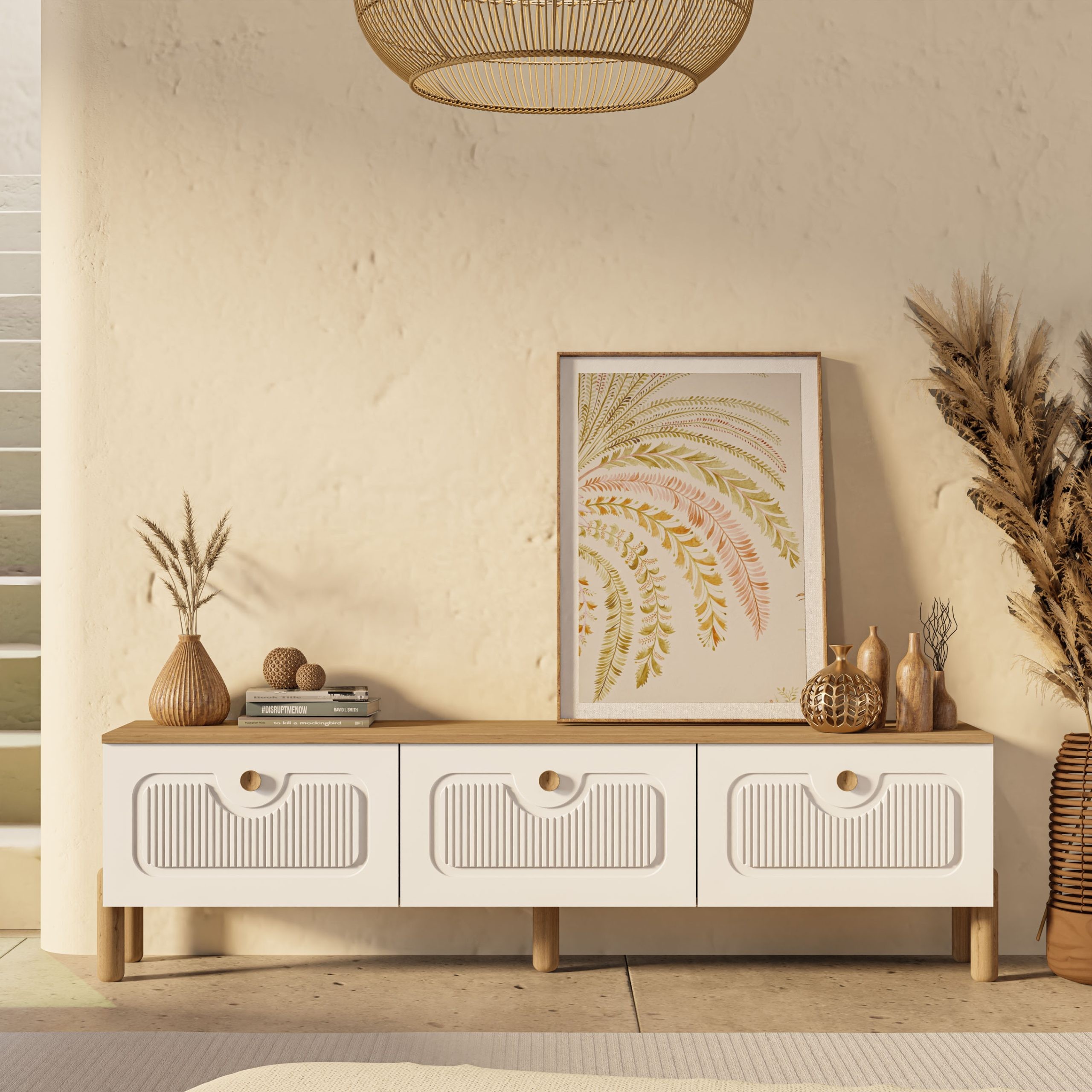 4090 Napoli 180 Cm (Membran MDF Kapaklı) Bohem Tv Ünitesi Sepet - Beyaz