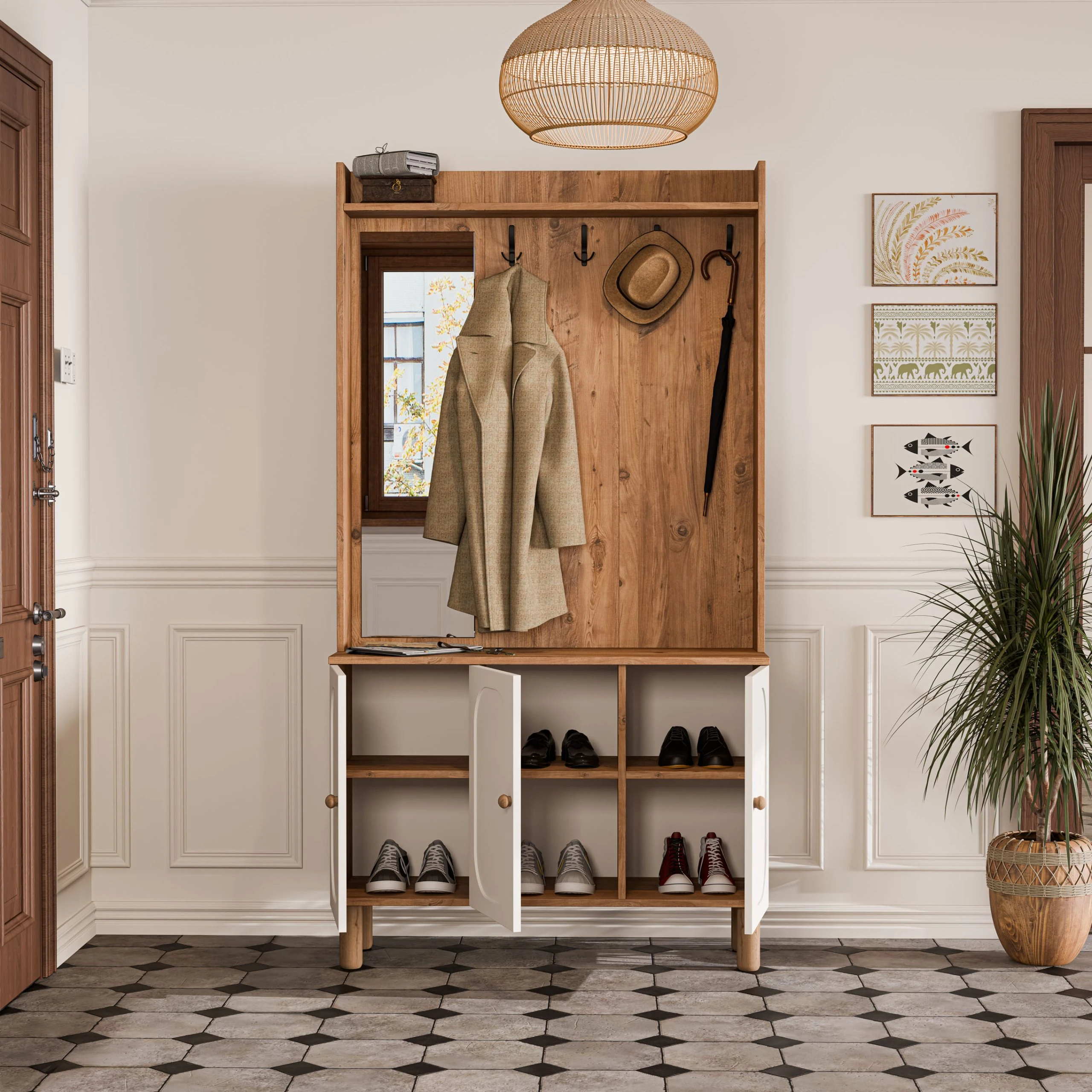 5090 Roma Sol Aynalı 3 Kapaklı (Membran) 3 Askılı Bohem Portmanto Atlantik Çam - Beyaz