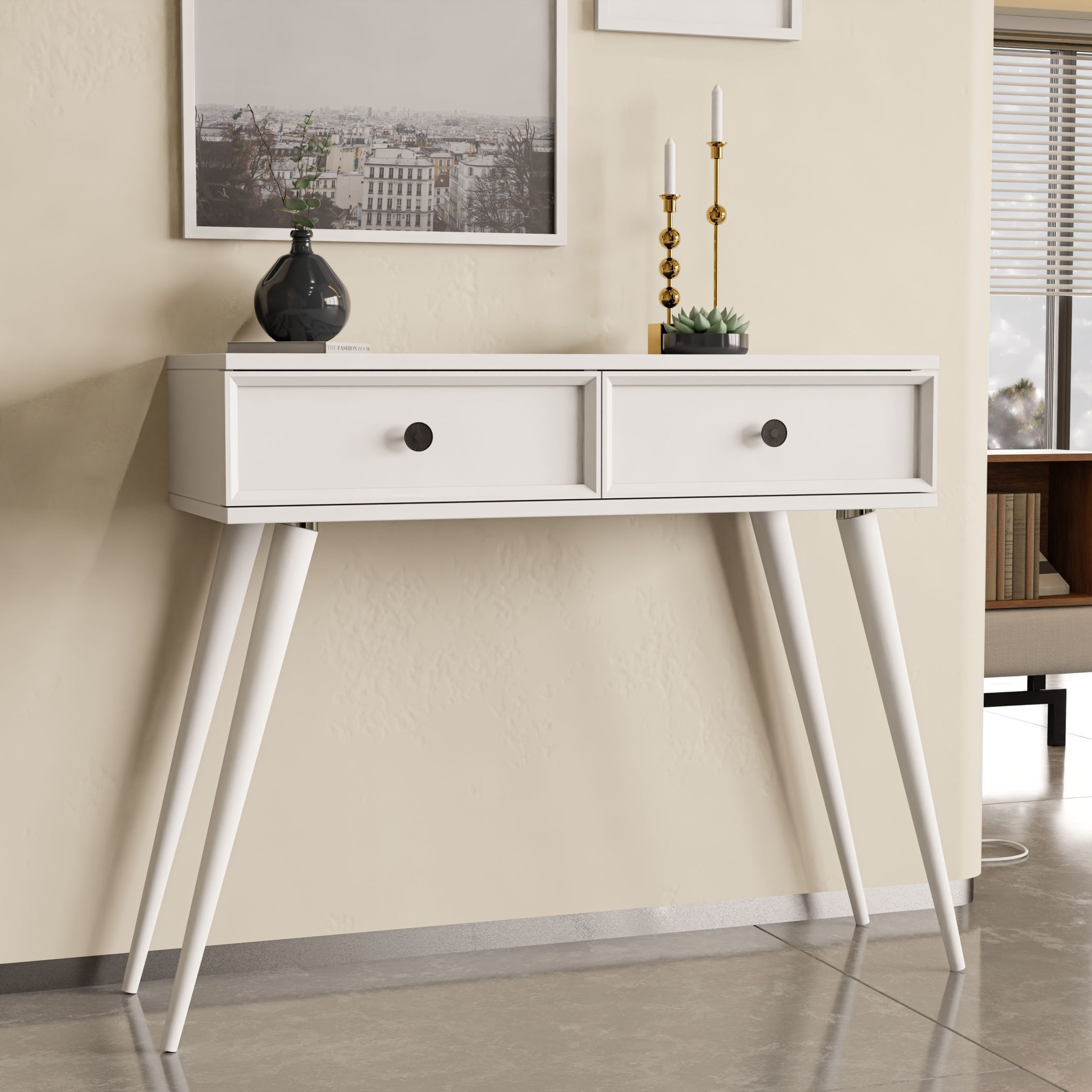 6021 LUNA (AHŞAP AYAKLI) MDF PROFİL ÇERÇEVELİ 2 ÇEKMECELİ DRESUAR BEYAZ