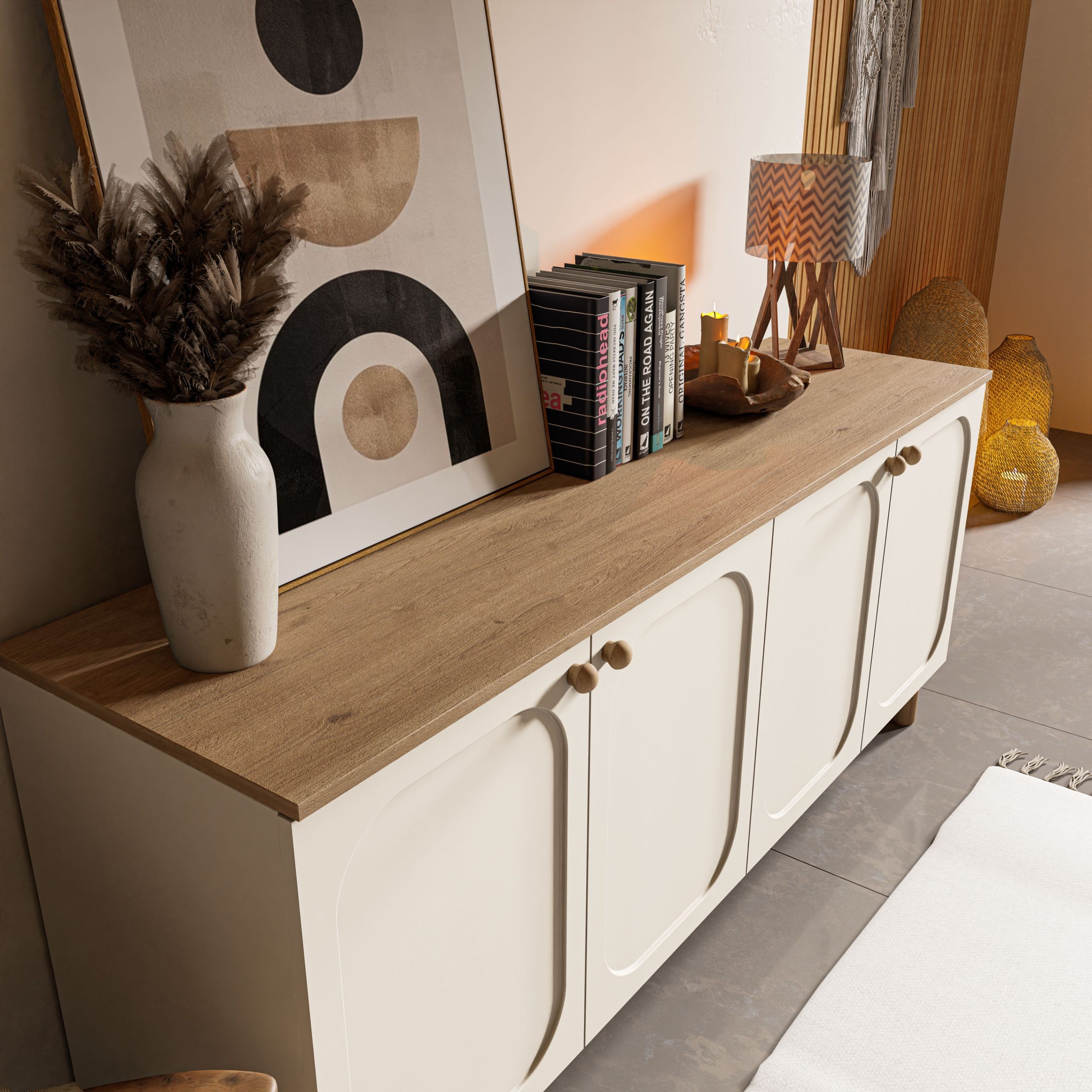 1700 Monza 180 Cm (Membran MDF Kapaklı) Bohem Konsol Sepet-Beyaz