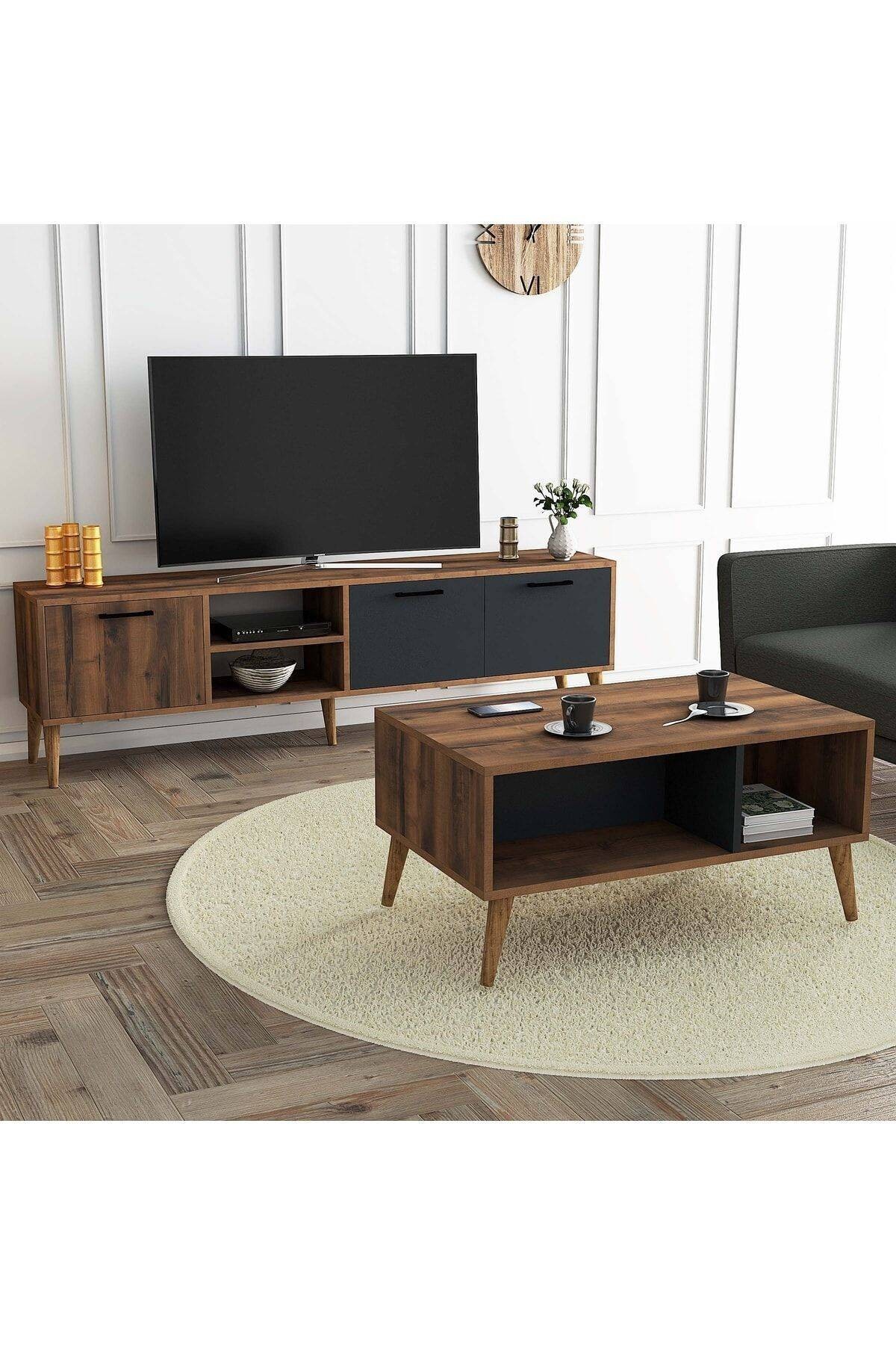 SET 1581-2070 Exxen 180 Cm Tv Ünitesi Exxen Orta Sehpa (AHŞAP AYAKLI) - Hat-antrasit Rengi