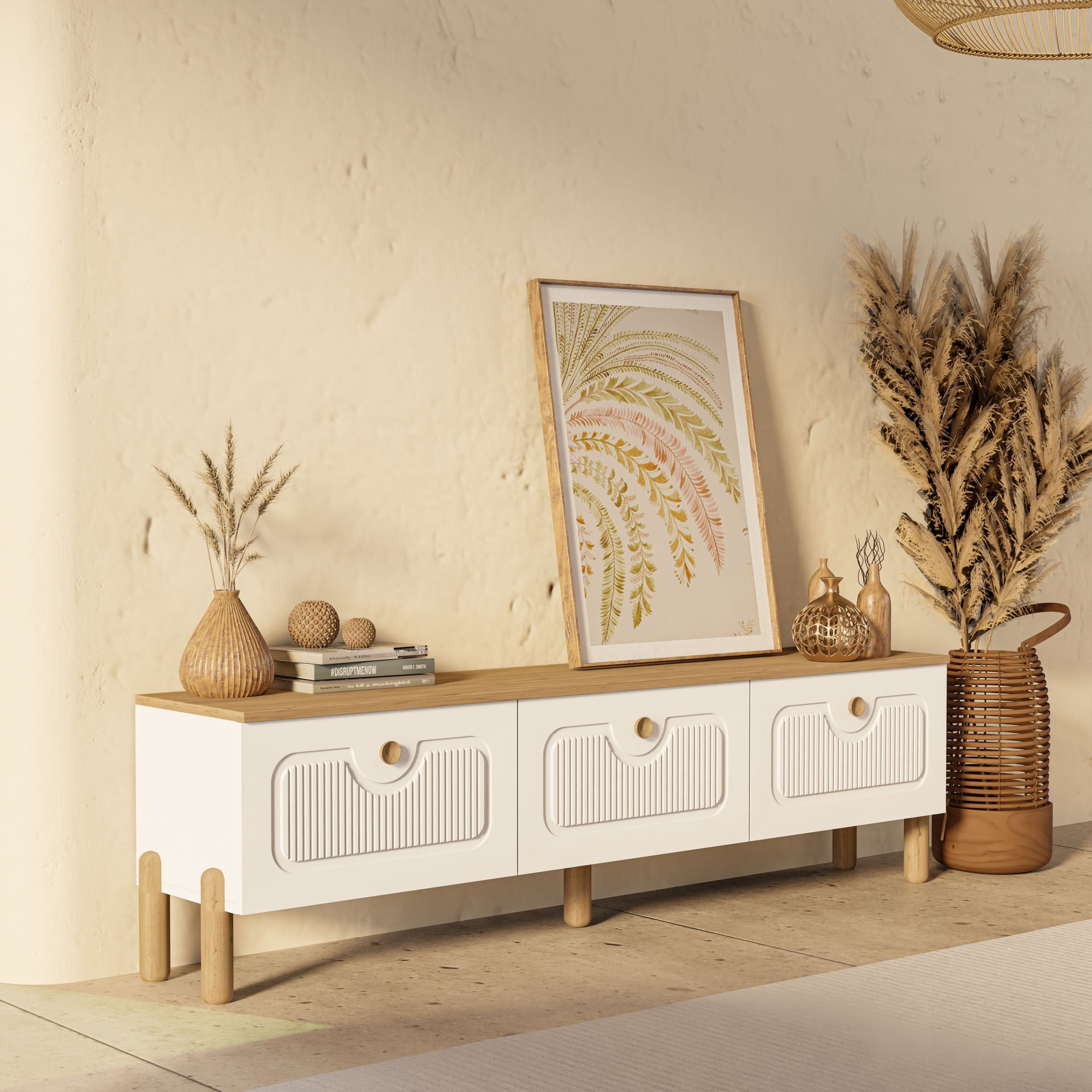 4090 Napoli 180 Cm (Membran MDF Kapaklı) Bohem Tv Ünitesi Sepet - Beyaz
