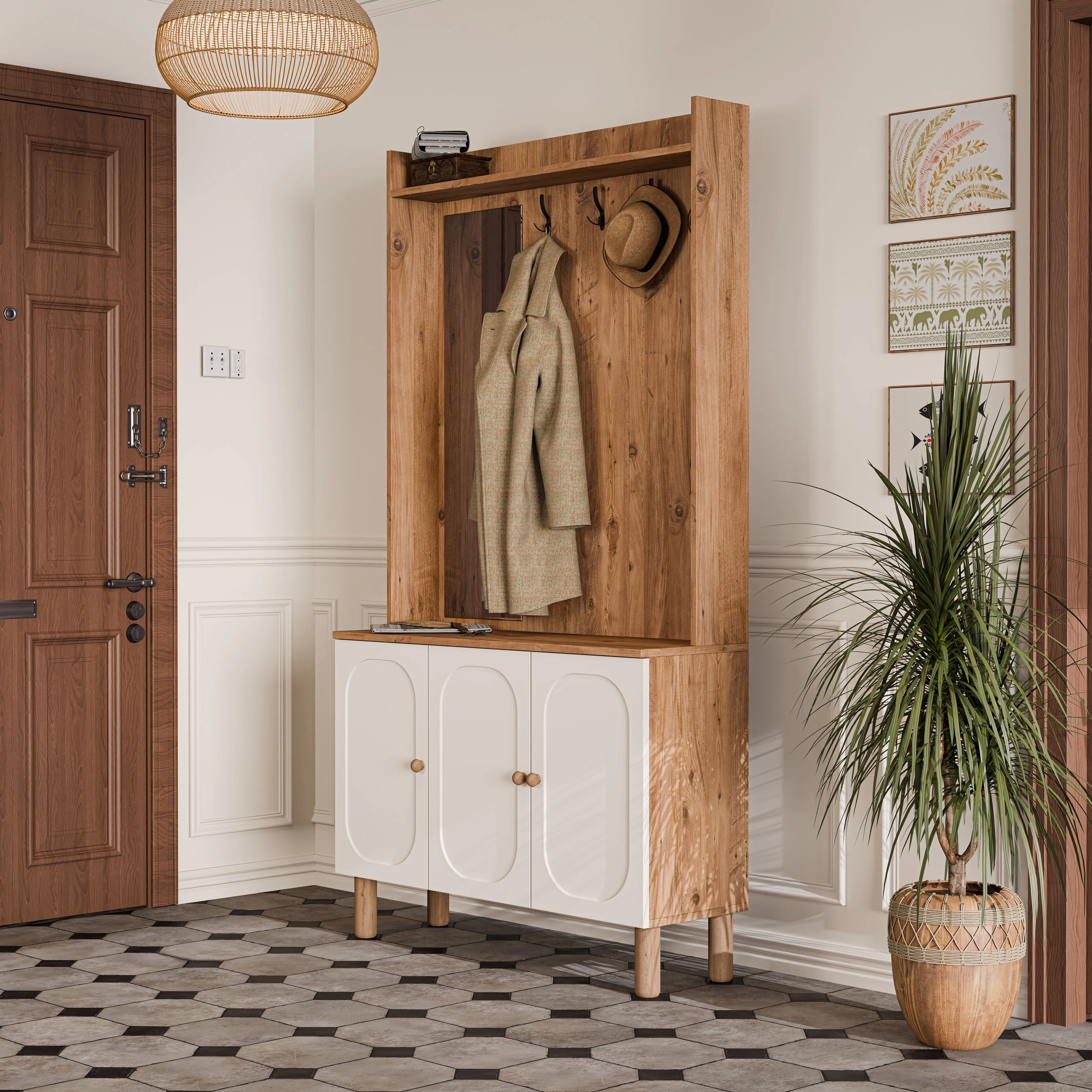 5090 Roma Sol Aynalı 3 Kapaklı (Membran) 3 Askılı Bohem Portmanto Atlantik Çam - Beyaz