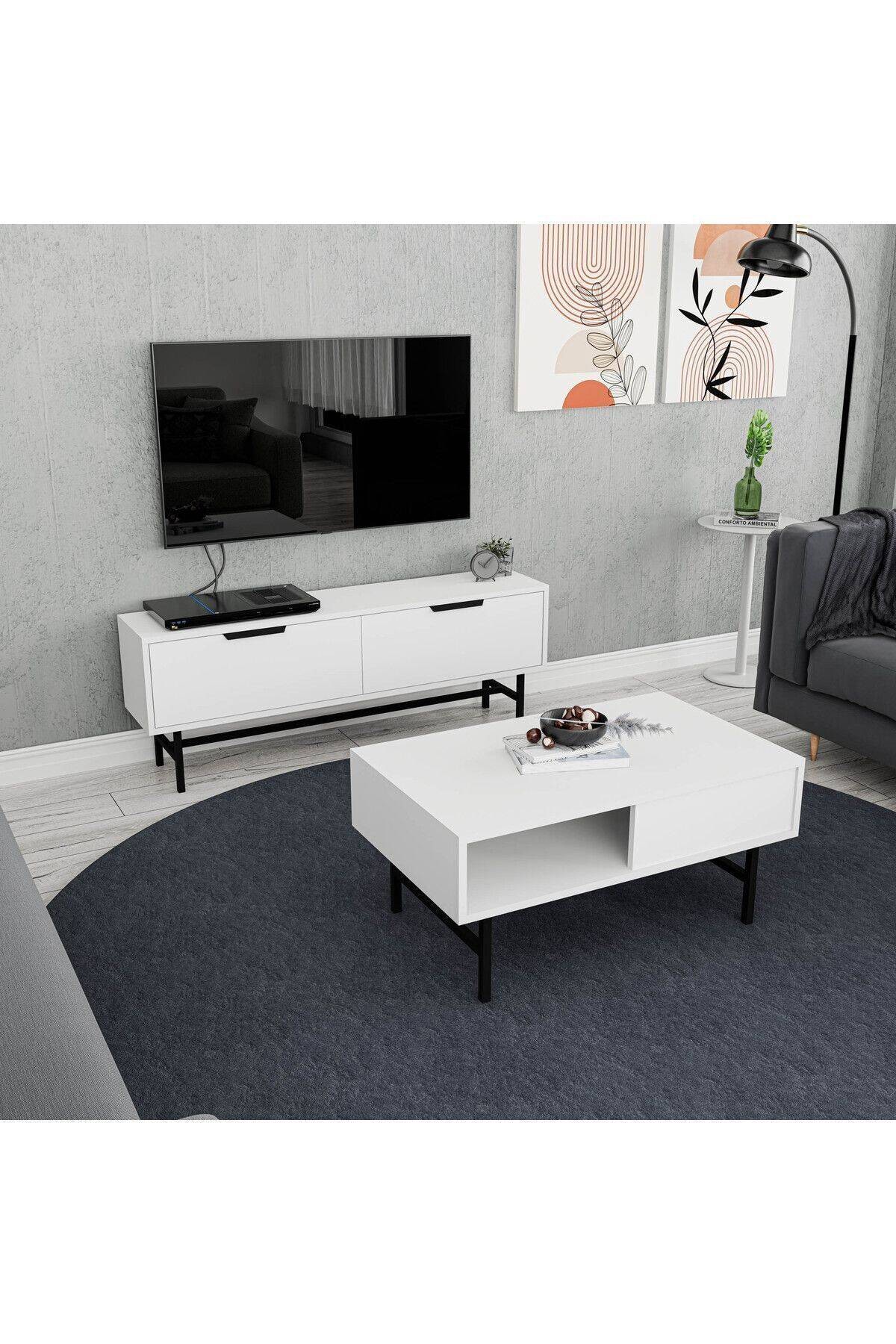 SET 4016-4202 BLANCO SİYAH METAL AYAKLI TV ÜNİTESİ - FELIX ORTA SEHPA TAKIMI BEYAZ