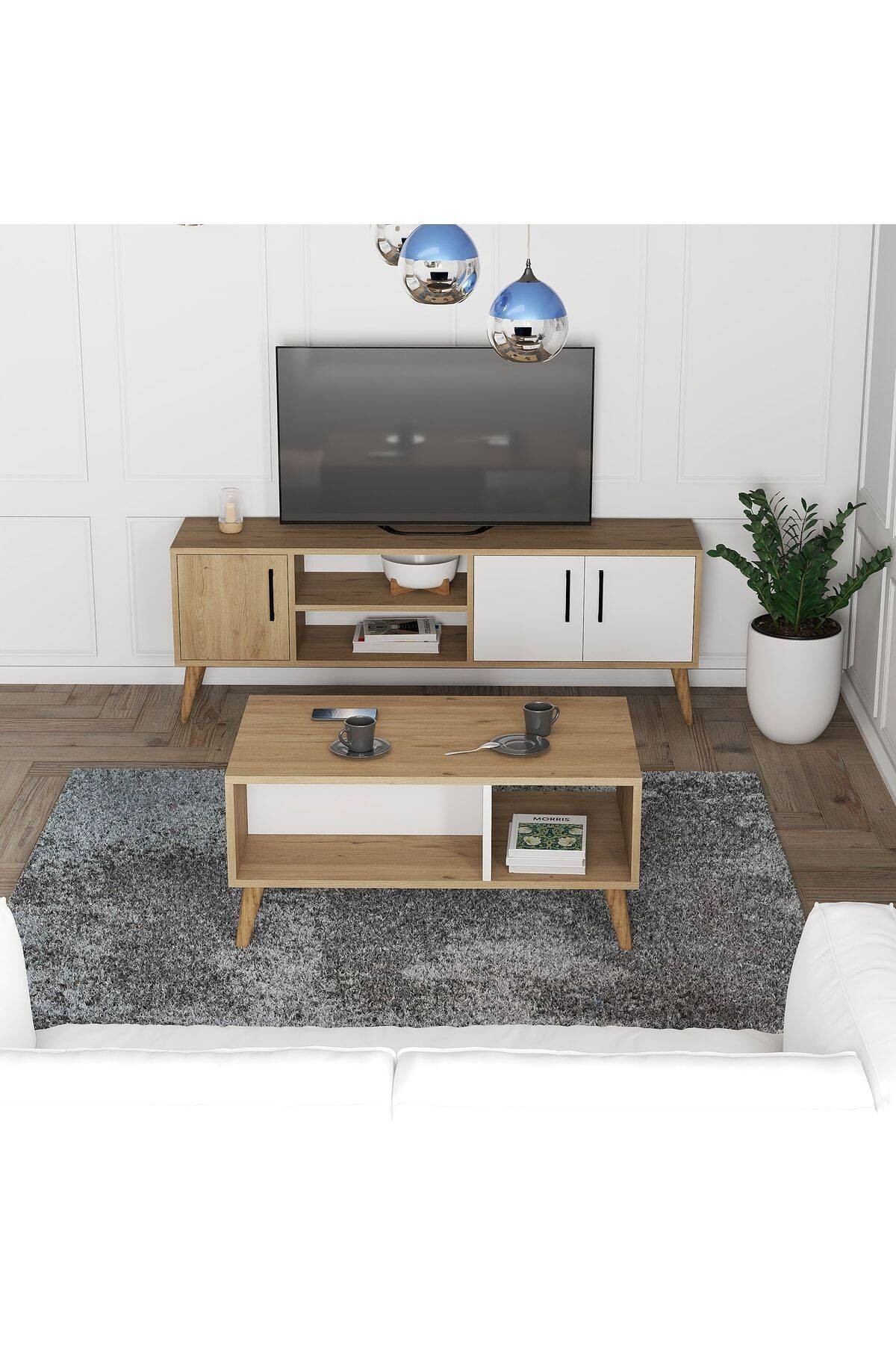 SET 1584-2074 Exxen Tv Ünitesi Exxen Orta Sehpa (AHŞAP AYAKLI) - Sepet-beyaz Rengi