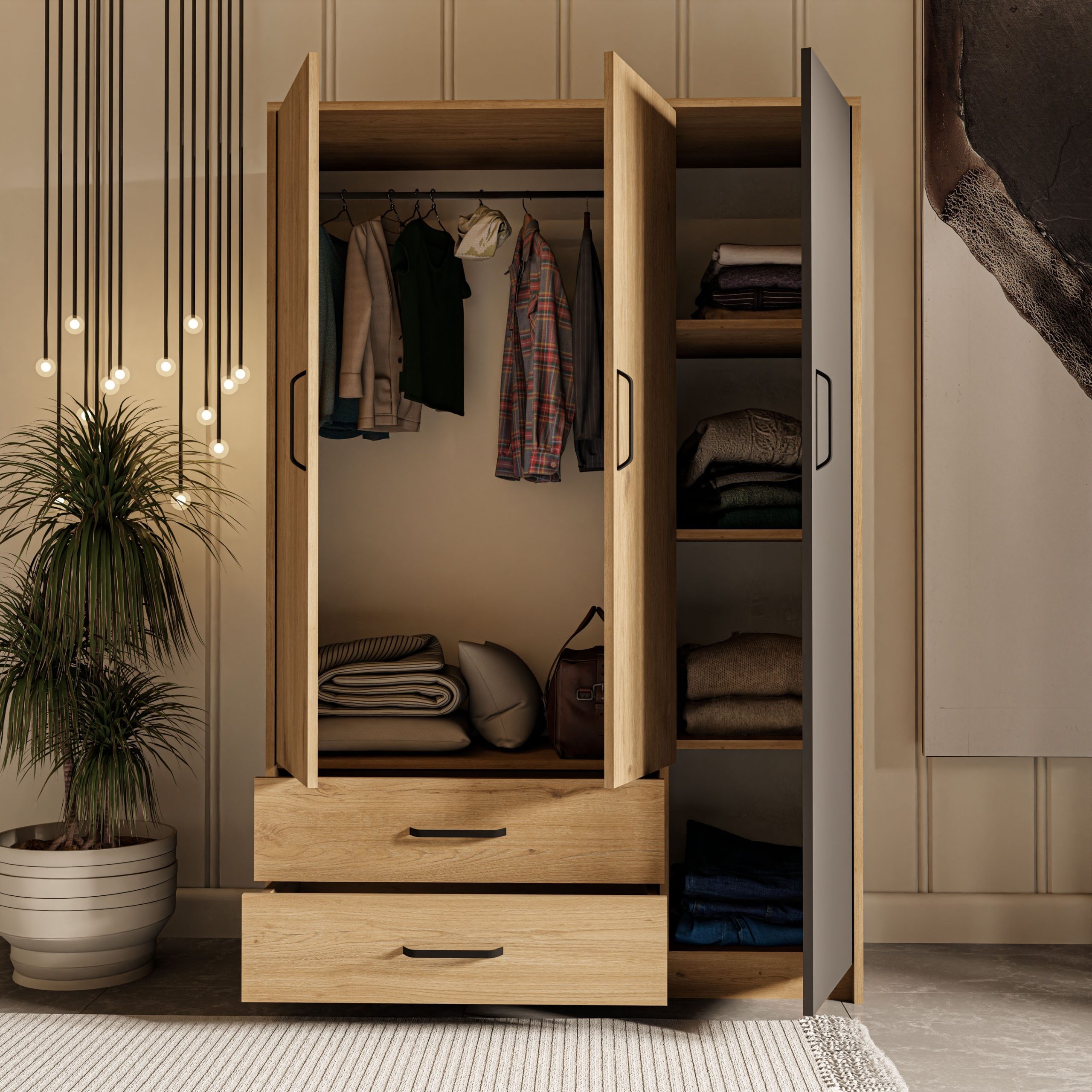 3508 Grande Modern 3 Kapılı 2 Çekmeceli Gardırop Sepet - Antrasit