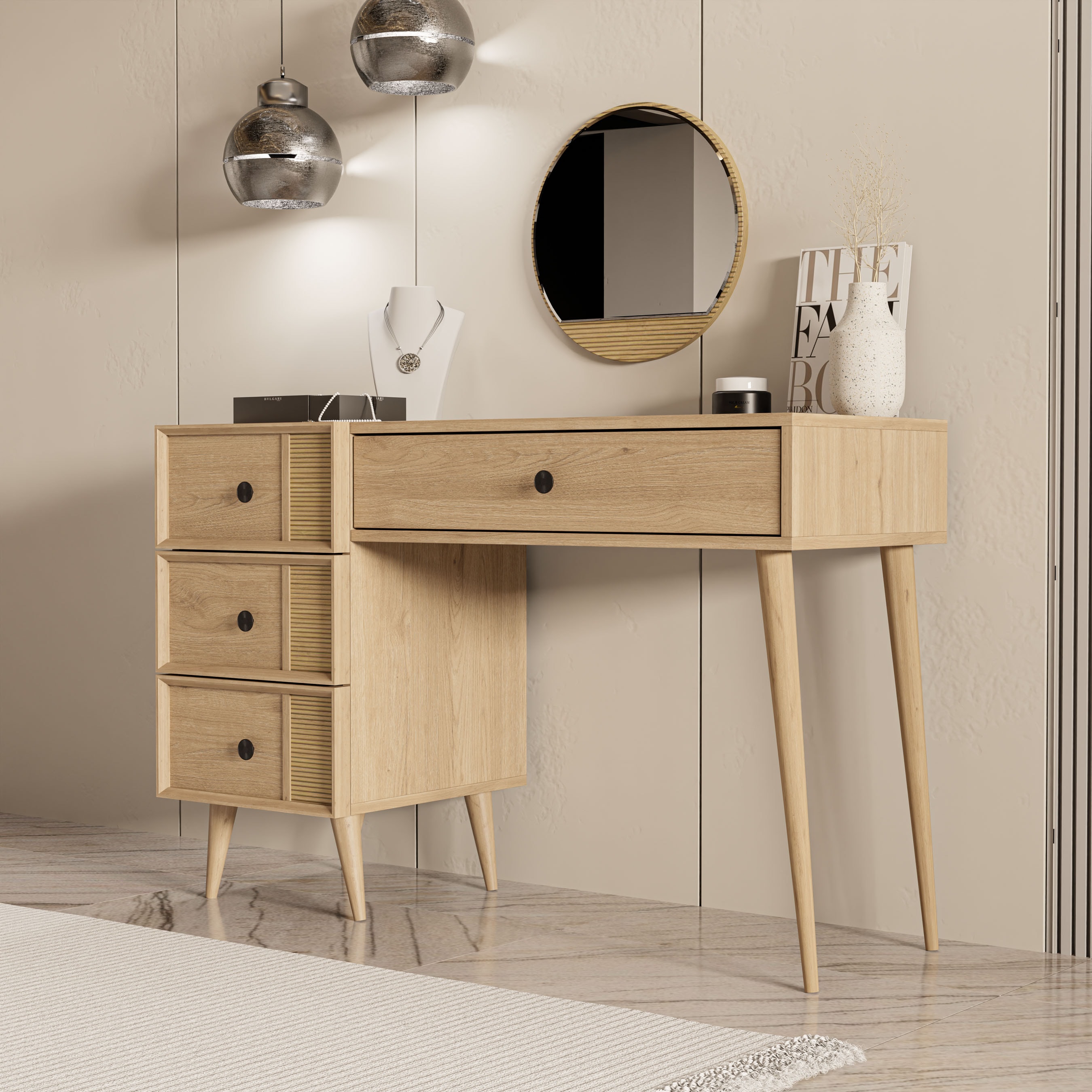 2254 Rose Aynalı (Ahşap Ayaklı)Mdf Profil Çerçeveli 4 Çekmeceli 120 Cm Makyaj Masası Sepet-Yunus