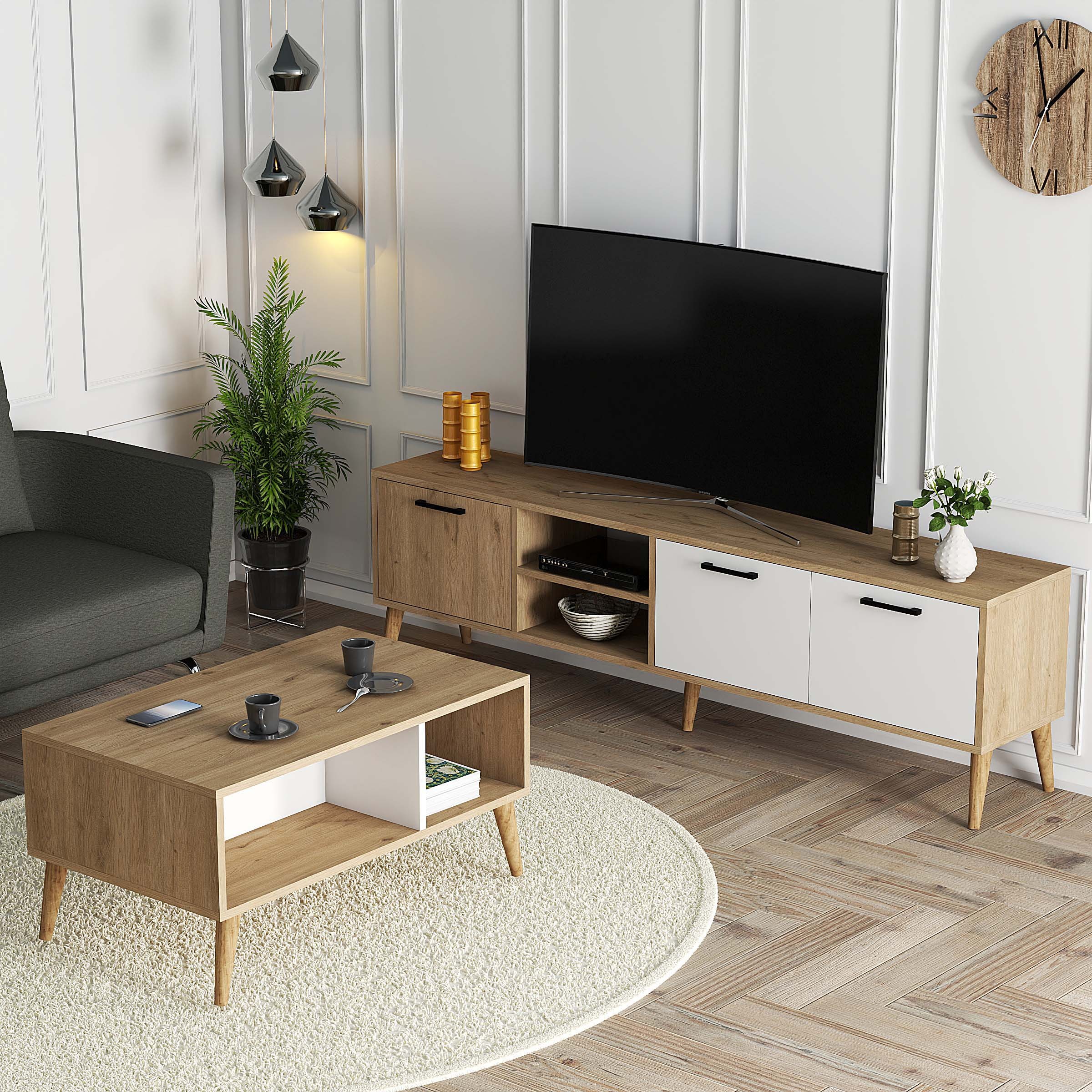 SET 1585-2074 Exxen 180 Cm Tv Ünitesi Exxen Orta Sehpa (AHŞAP AYAKLI) - Sepet-beyaz Rengi
