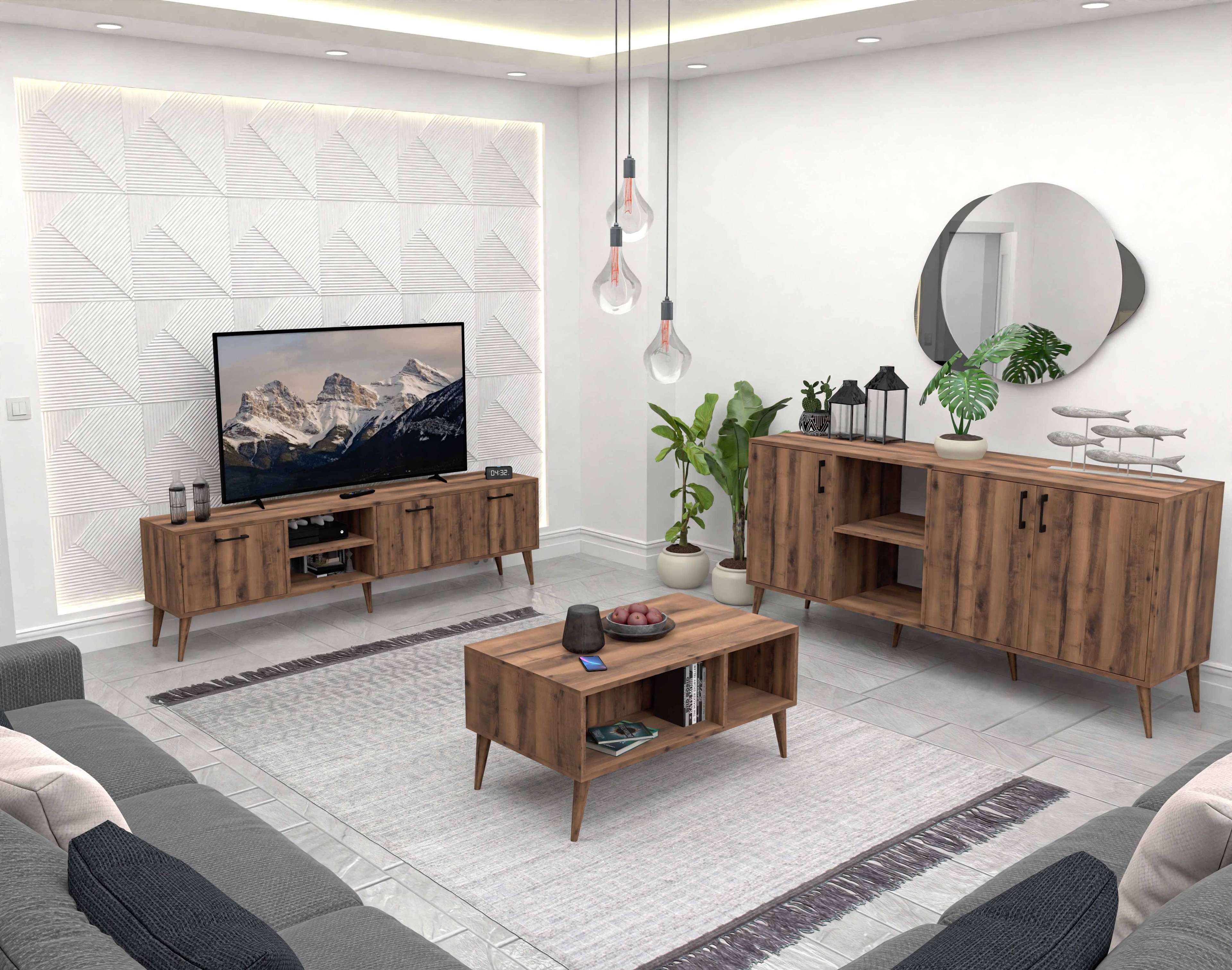 SET 1583-2072-1622 EXXEN (AHŞAP AYAKLI) TV ÜNİTESİ - ORTA SEHPA - KONSOL SETİ HAT RENGİ