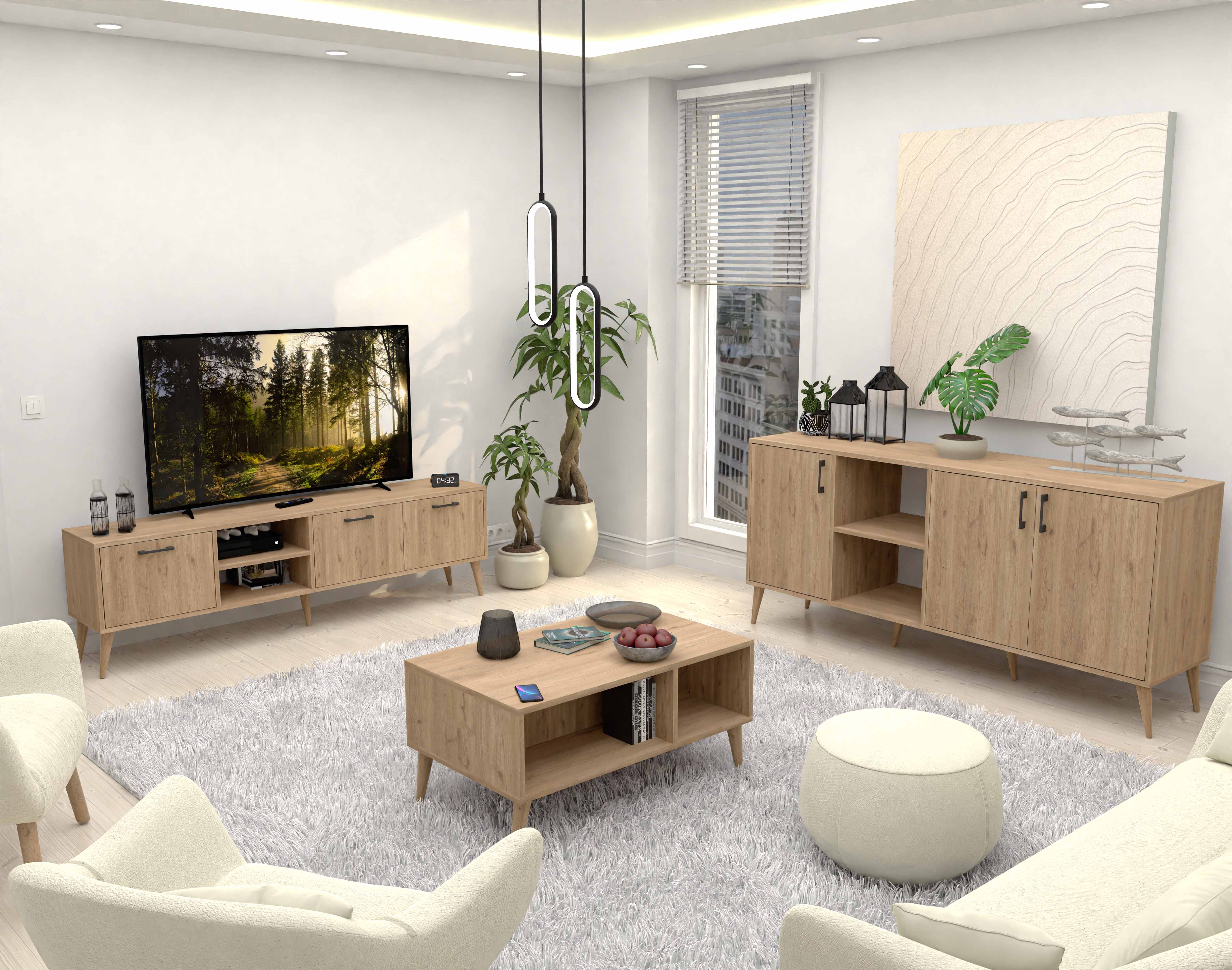 Set 1587-2076-1626 Exxen (Ahşap Ayaklı) Tv Ünitesi - Orta Sehpa - Konsol Seti Sepet Rengi