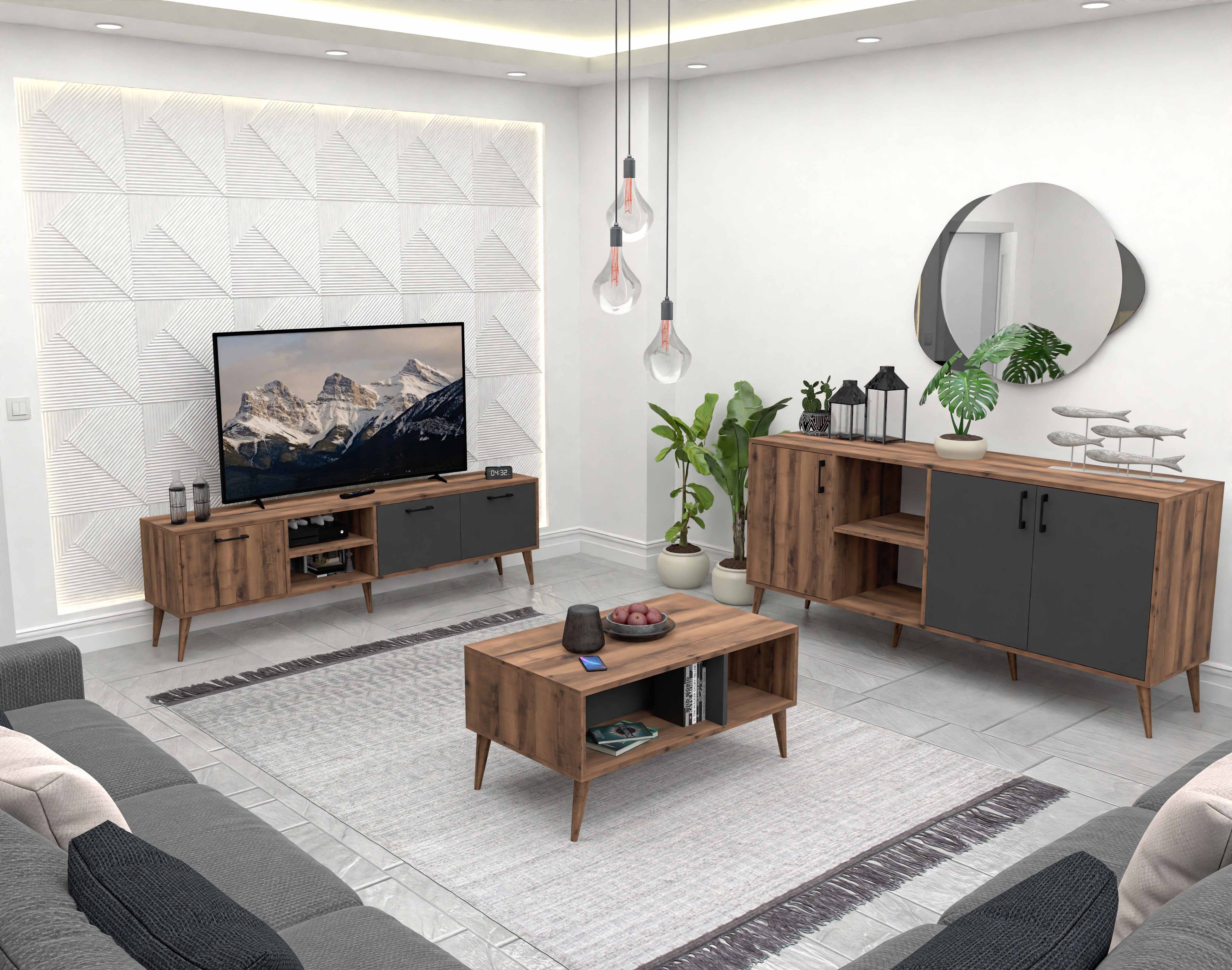 SET 1581-2070-1620 EXXEN (AHŞAP AYAKLI) TV ÜNİTESİ - ORTA SEHPA - KONSOL SETİ HAT - ANTRASİT