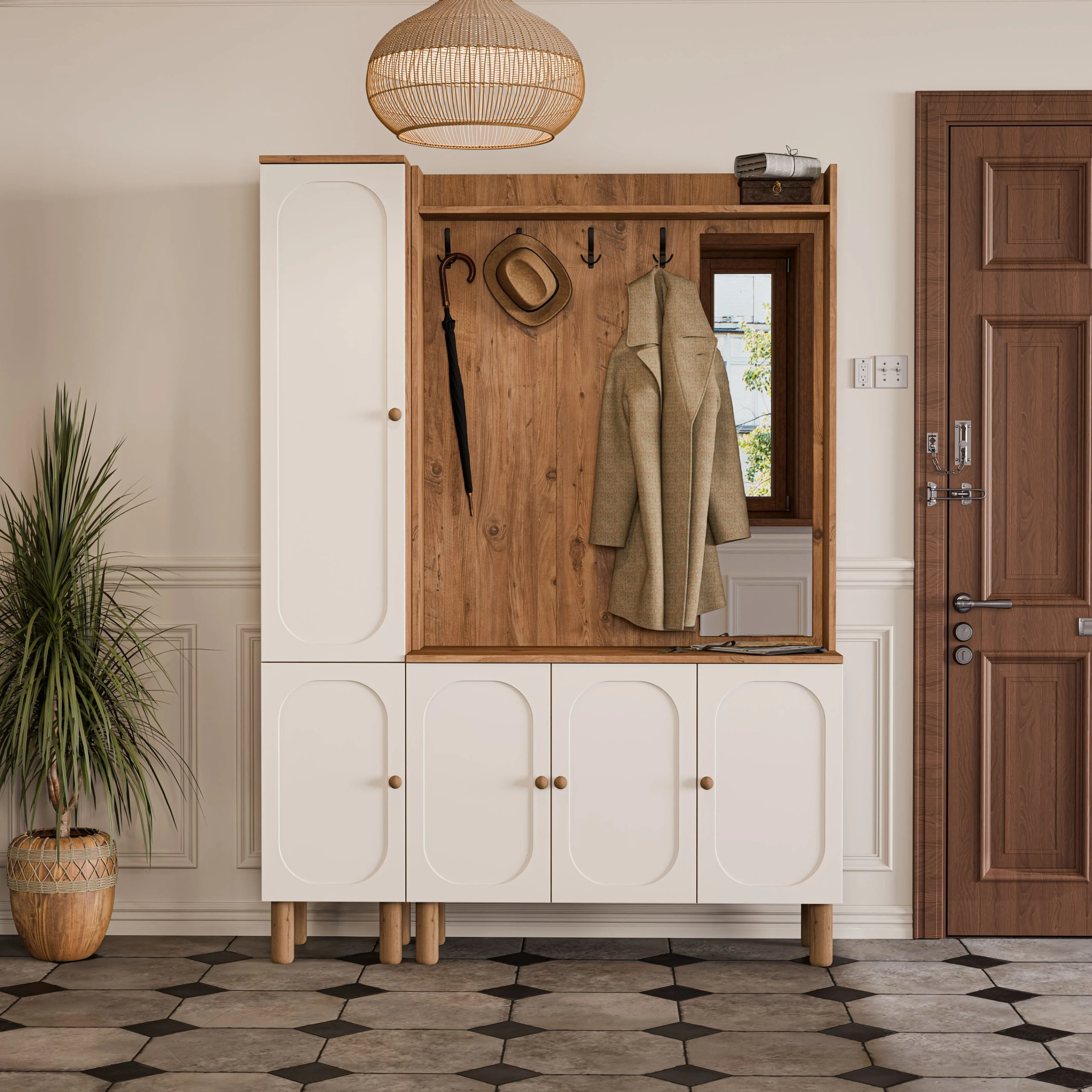 Set 5092-5091 Roma Sağ Aynalı 5 Kapaklı (Membran) 4 Askılı Bohem Portmanto Atlantik Çam - Beyaz