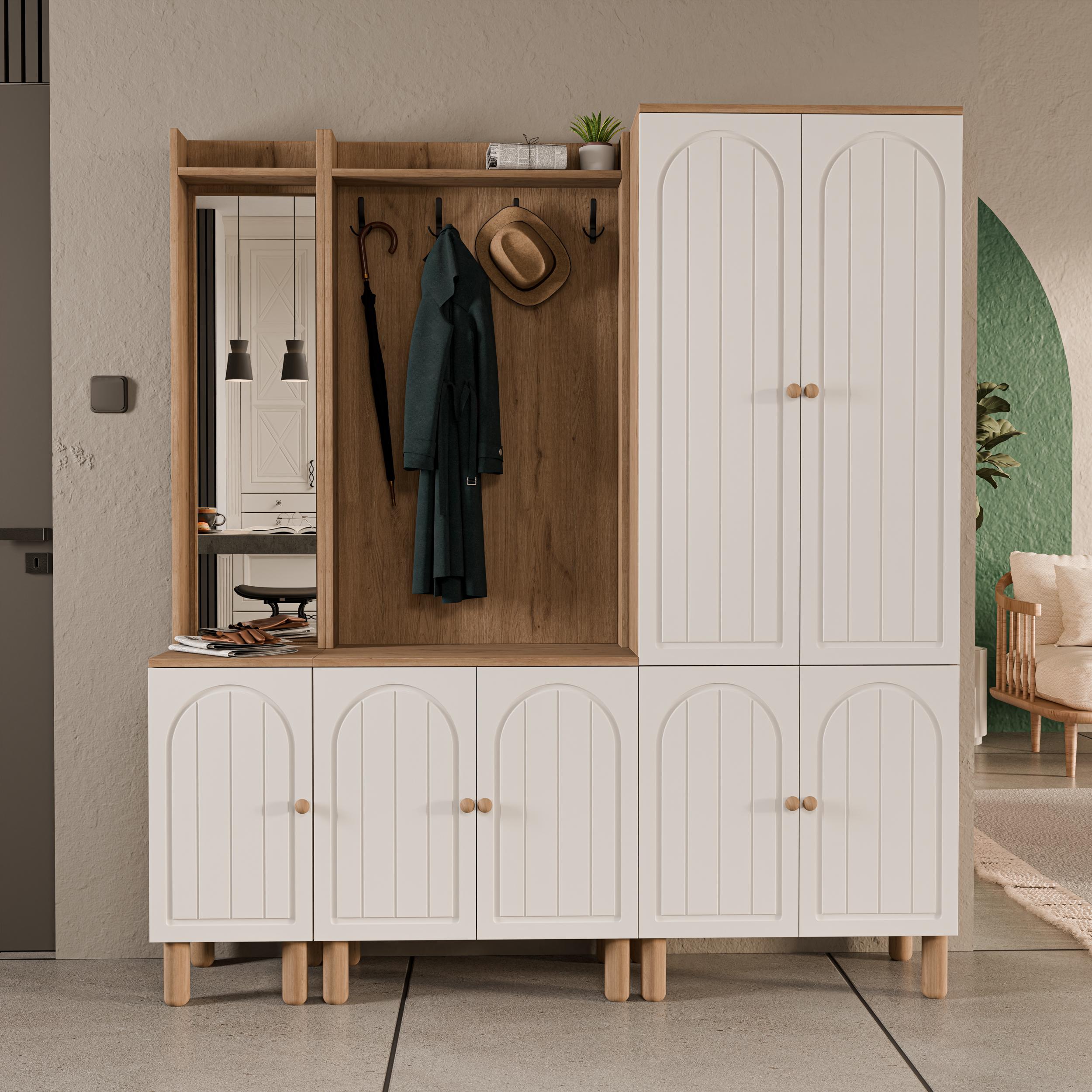 Set 5089-5072-5084 Rapsody Sol Aynalı 7 Kapaklı (MEMBRAN) 9 Askılı Bohem Portmanto Sepet-beyaz