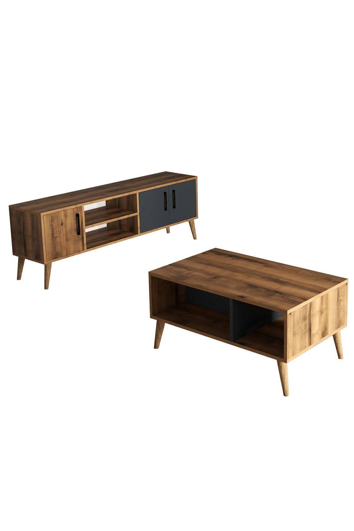 SET 1580-2070 EXXEN 150 CM (AHŞAP AYAKLI) TV ÜNİTESİ ORTA SEHPA SETİ HAT ANTRASİT