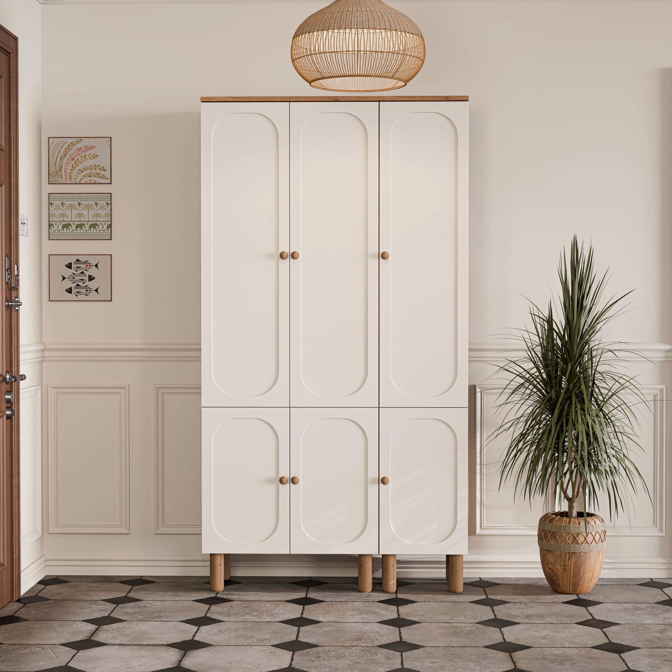 Set 5094-5093 Roma 6 Kapaklı (Membran) 5 Askılı Raflı Bohem Portmanto Atlantik Çam - Beyaz