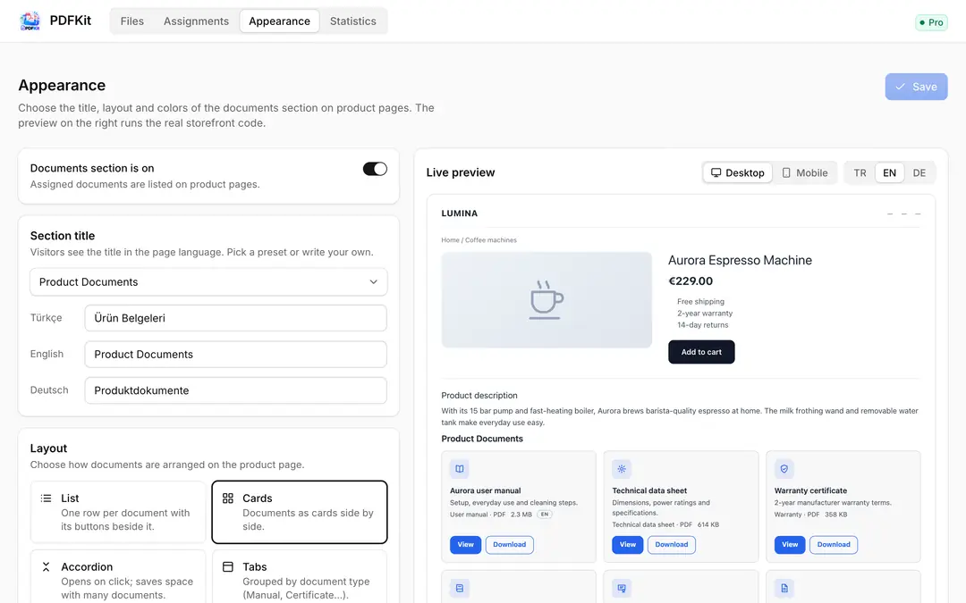 PDFKit appearance settings and live preview