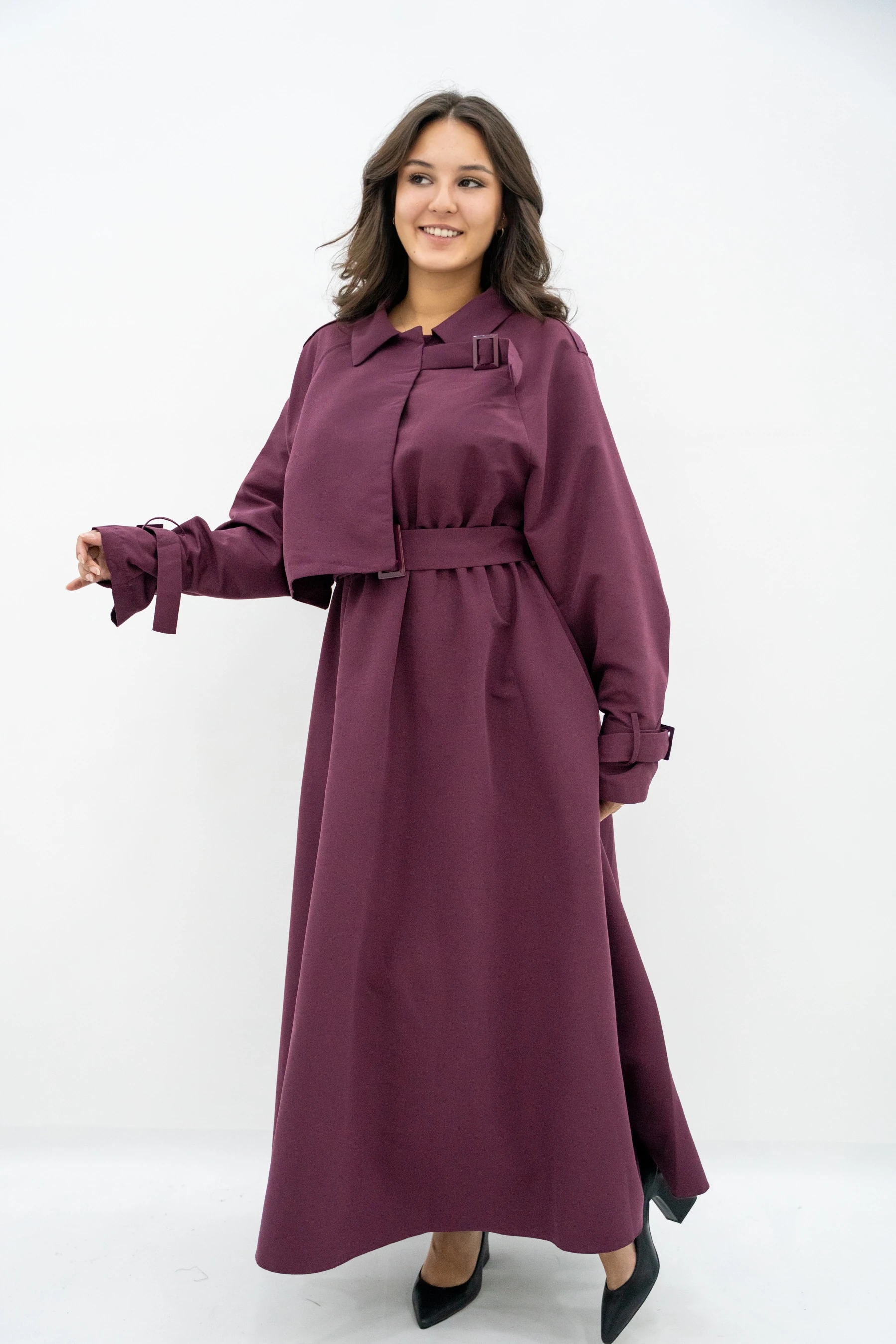 Kemer Detaylı Trenç Elbise - Bordo