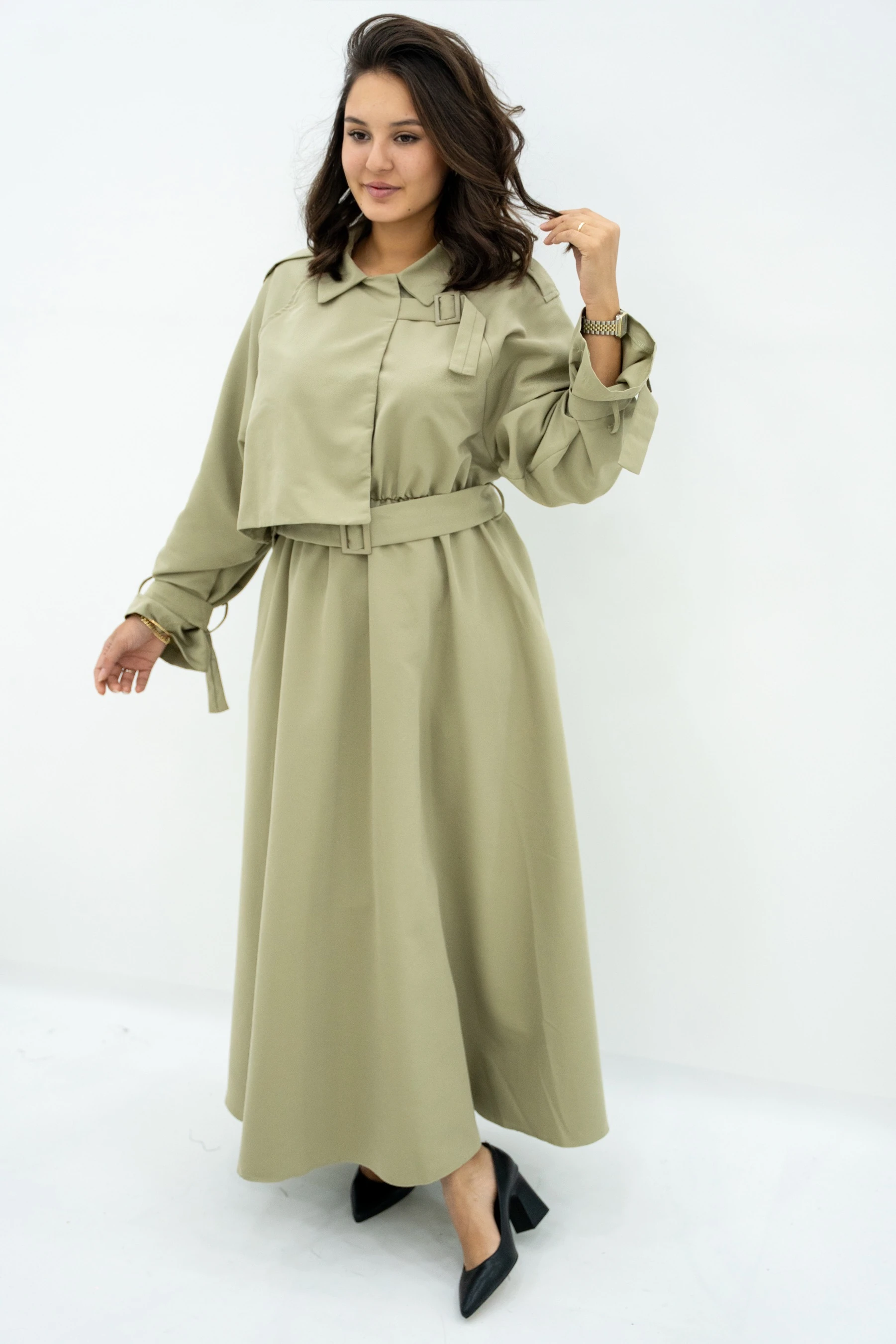 Kemer Detaylı Trenç Elbise - Haki