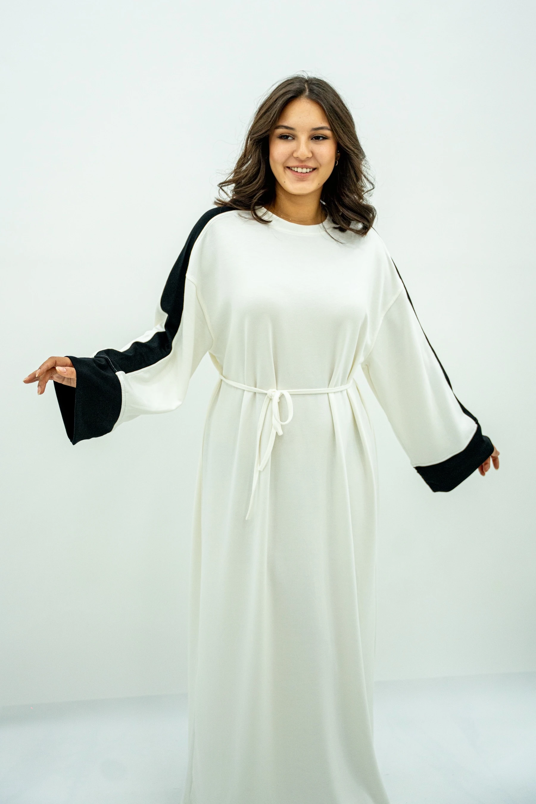 Balon Kol Çizgili Elbise  - Beyaz