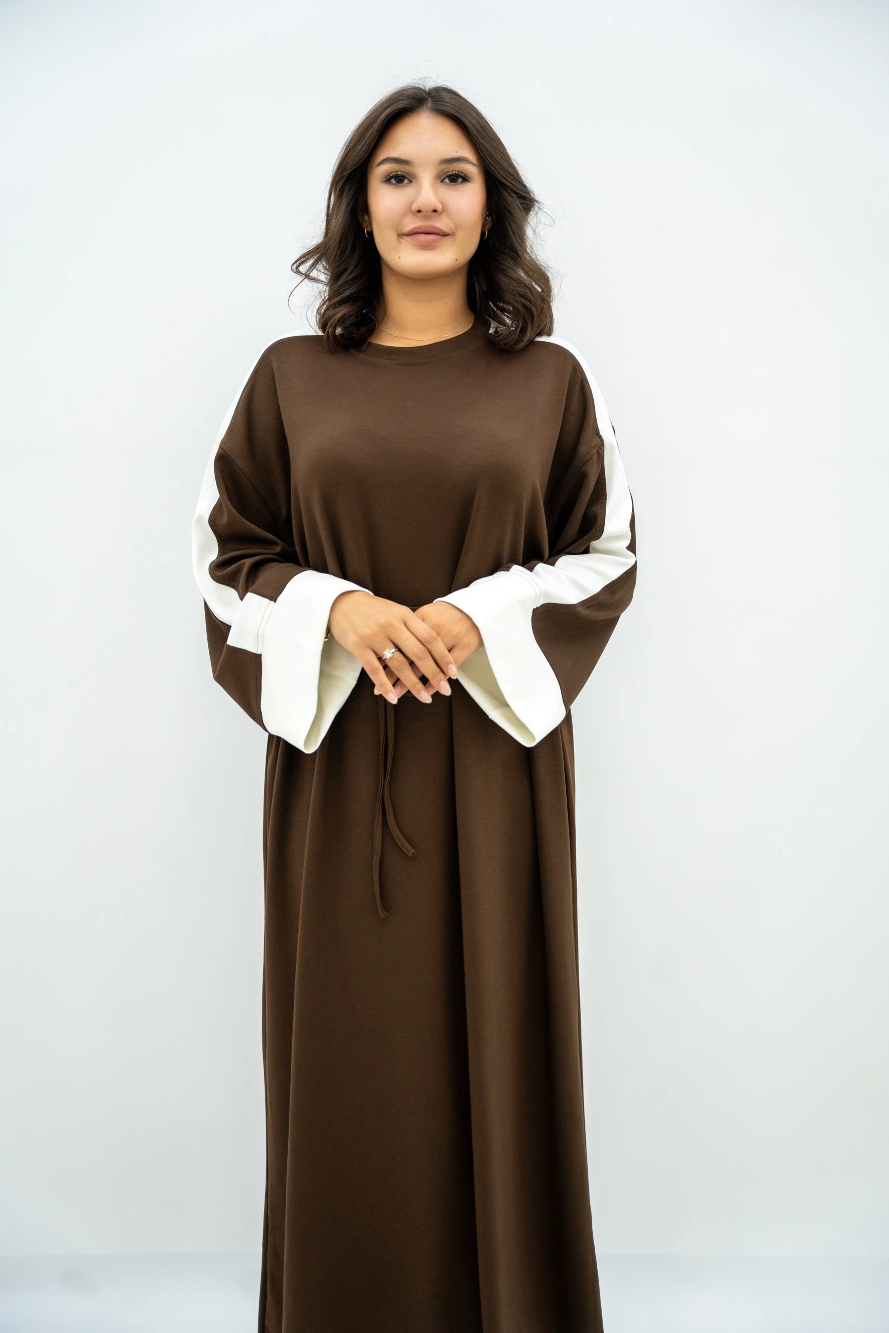 Balon Kol Çizgili Elbise  - Kahve