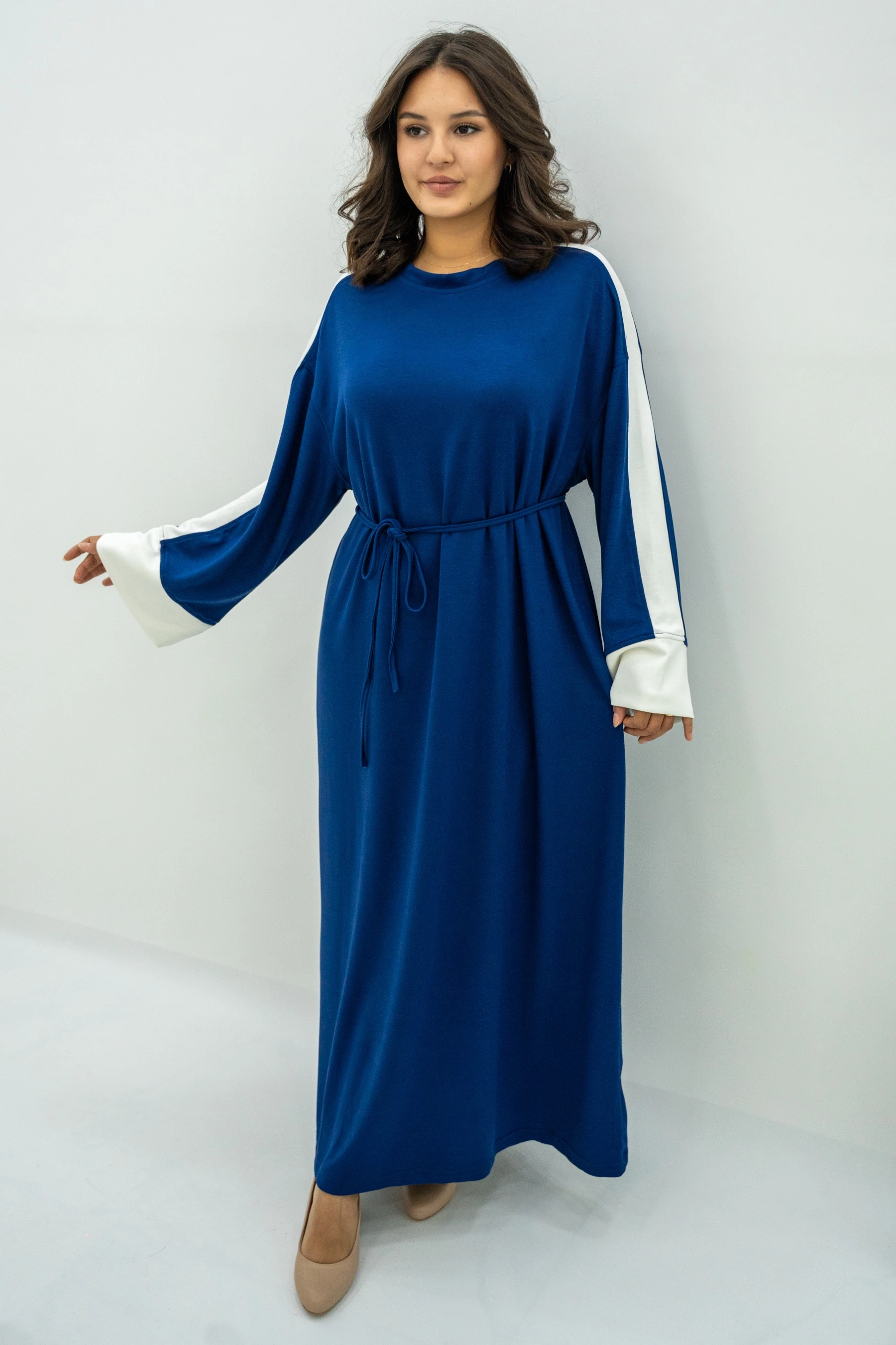 Balon Kol Çizgili Elbise  - Lacivert