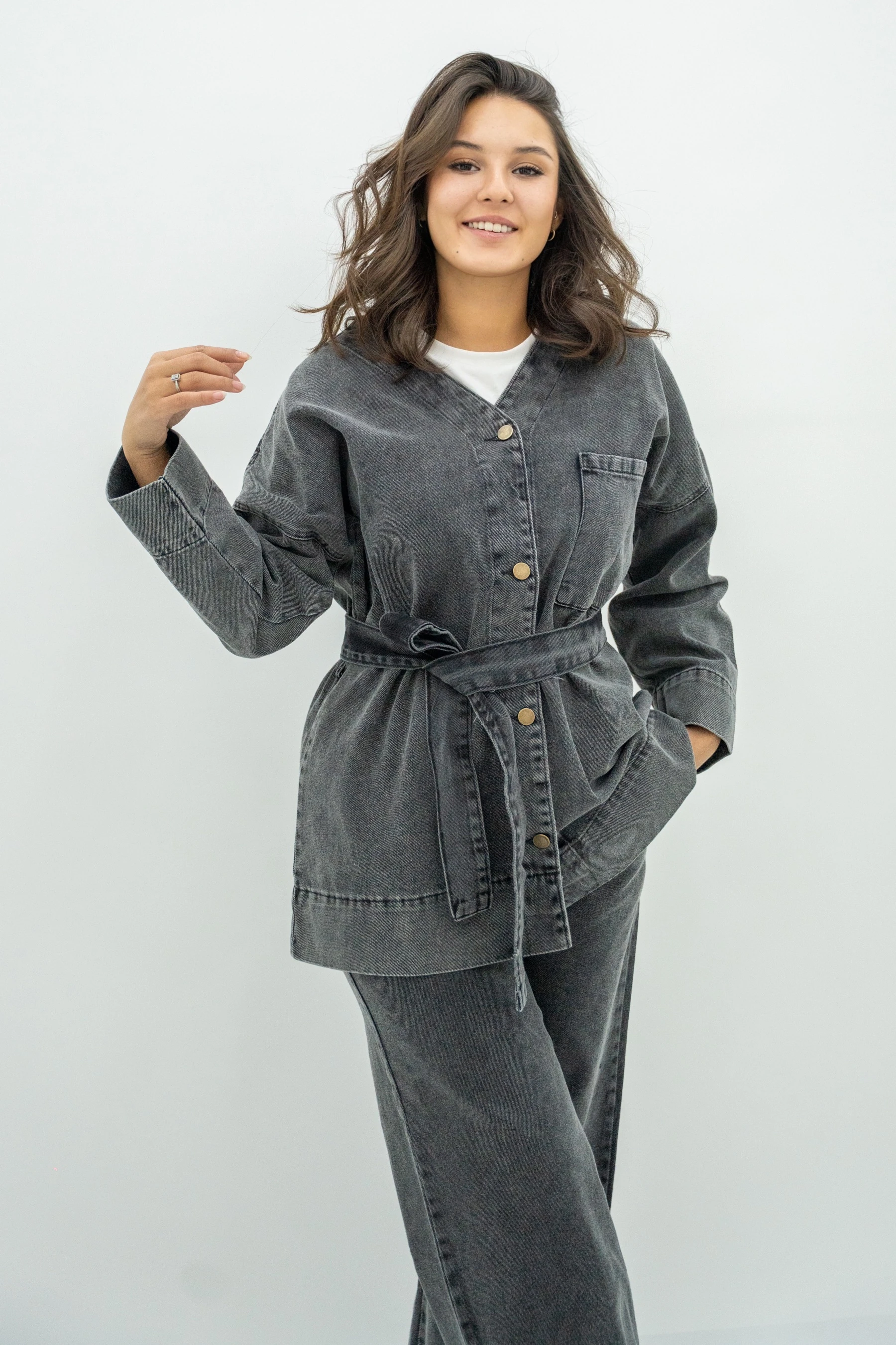 Belden Bağlamalı Kot Takım - Antrasit