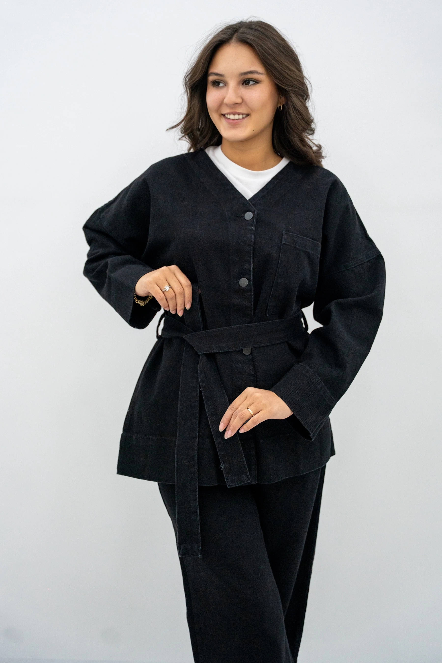 Belden Bağlamalı Kot Takım - Siyah