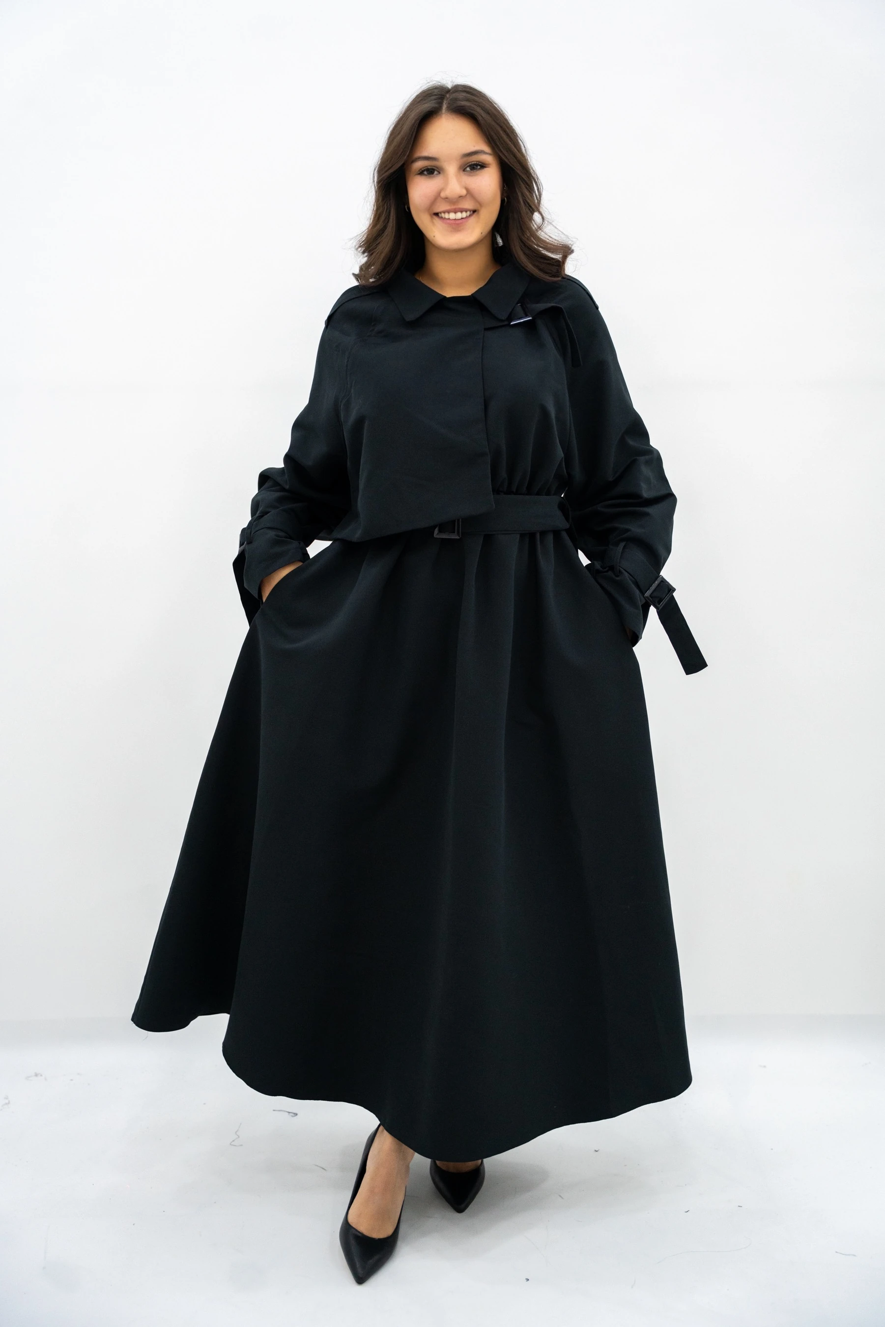 Kemer Detaylı Trenç Elbise - Siyah