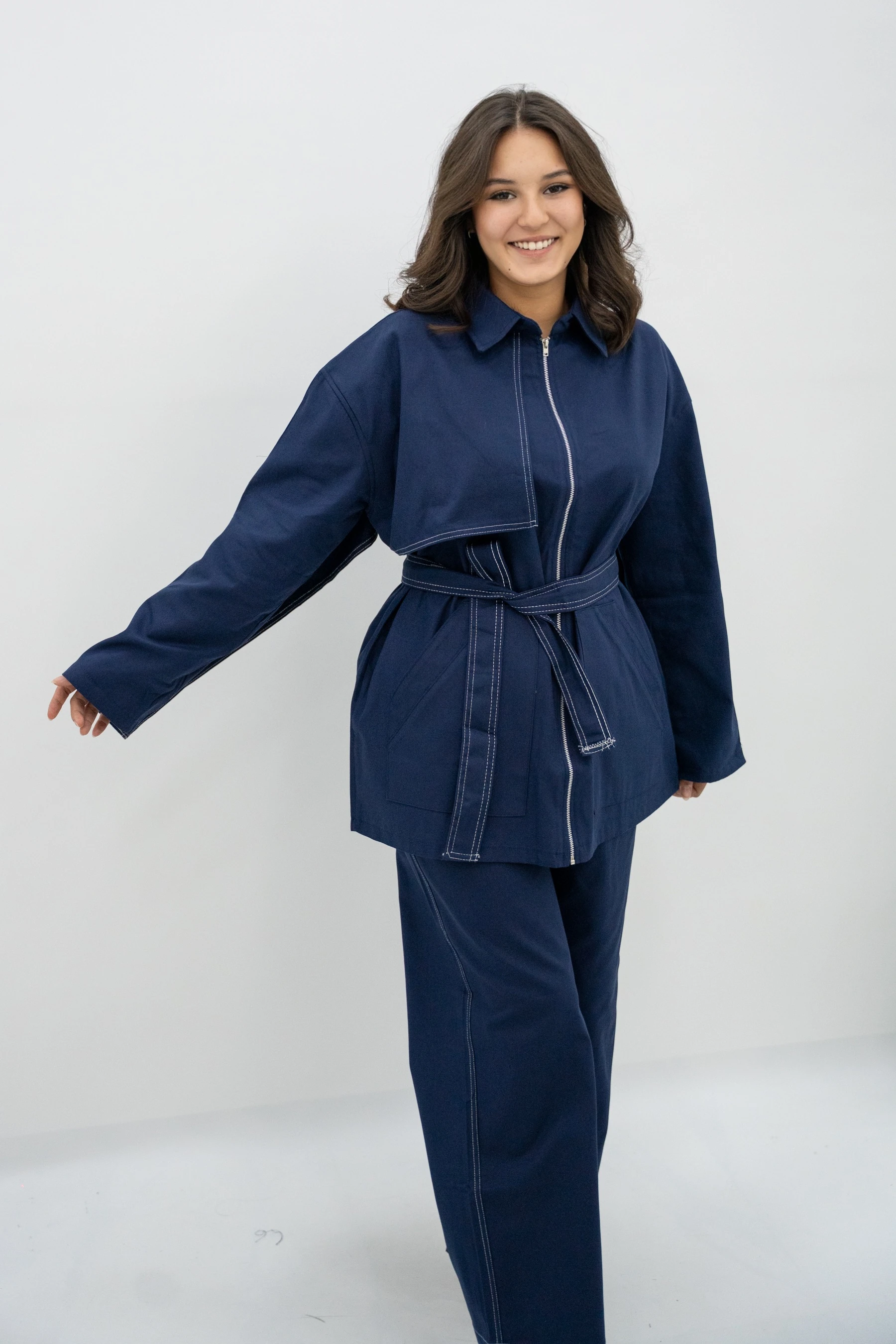 Bağlama Detaylı Fermuarlı Kot Takım  - Lacivert