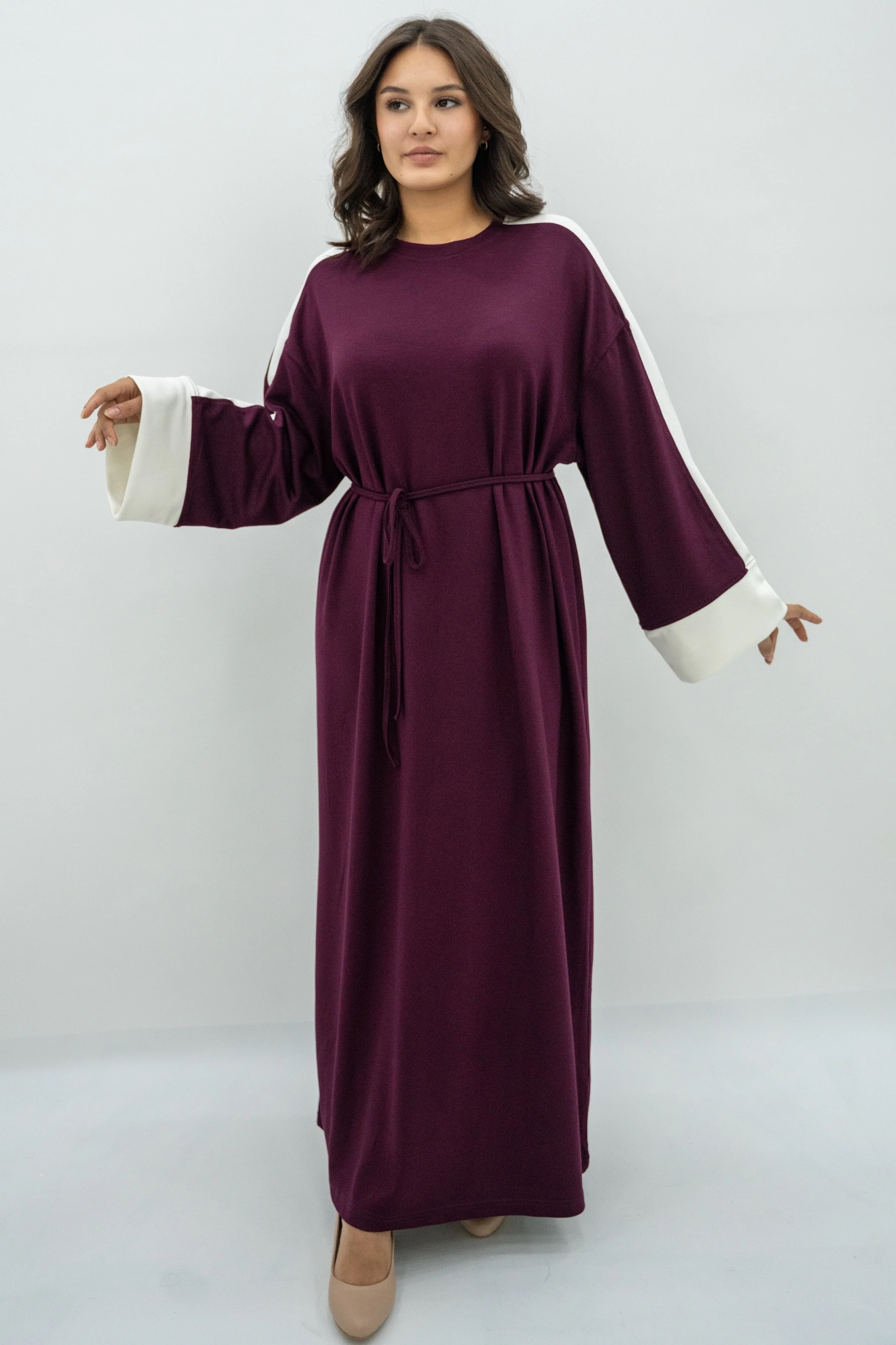 Balon Kol Çizgili Elbise  - Bordo