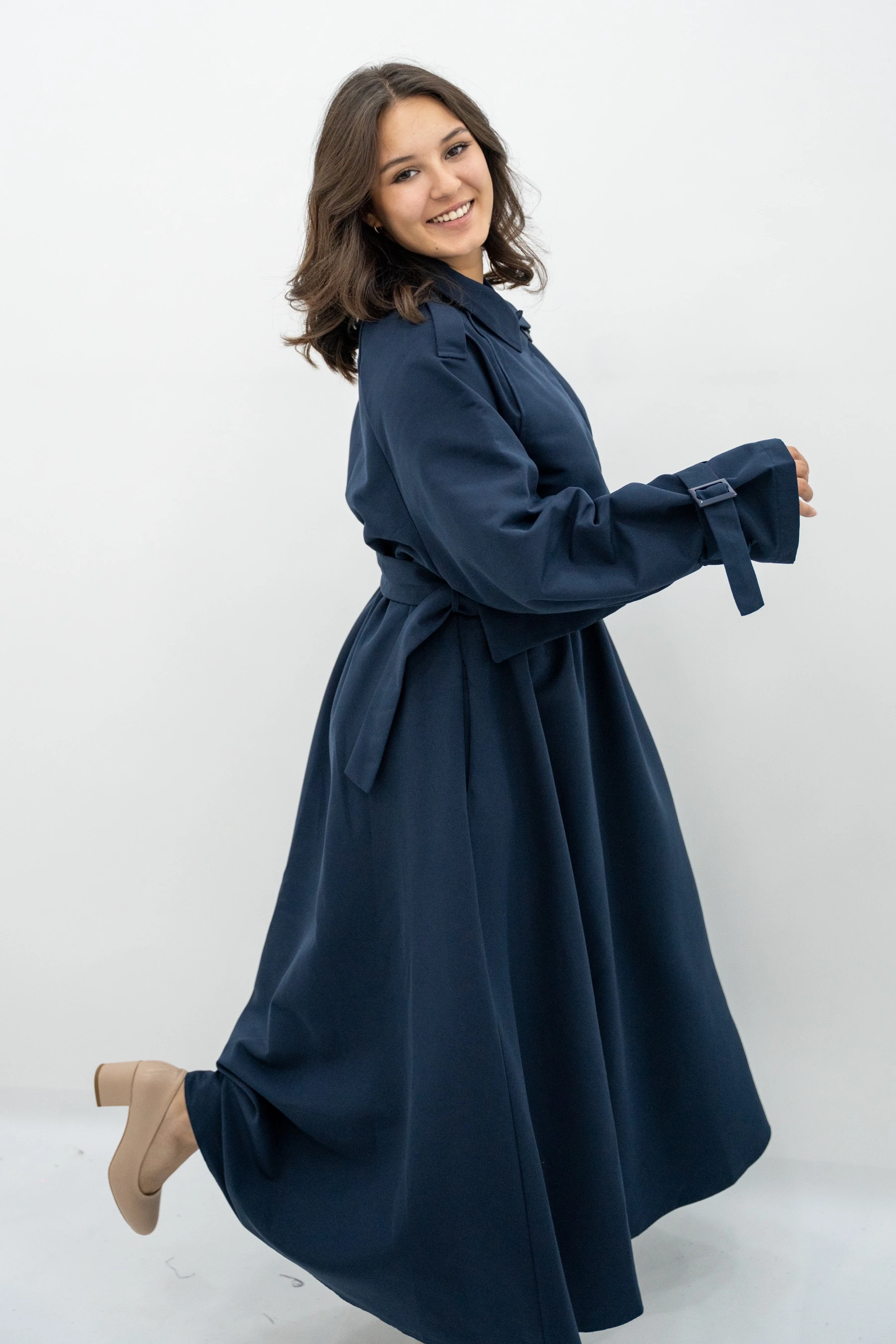 Kemer Detaylı Trenç Elbise - Lacivert