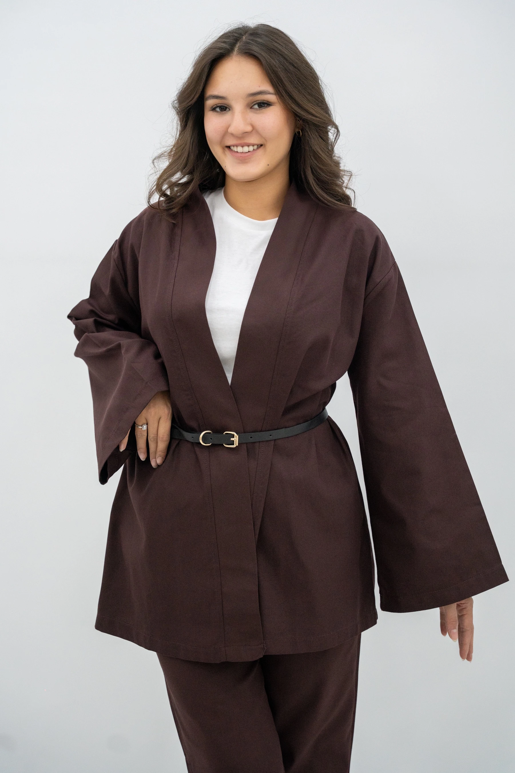 Kemerli Kimono Takım - Kahve