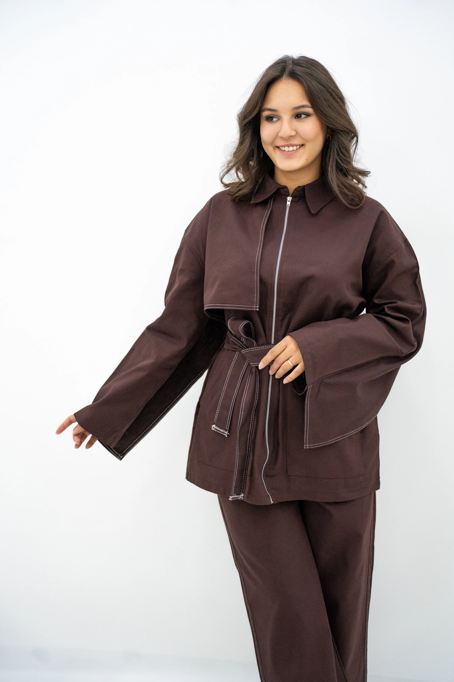 Bağlama Detaylı Fermuarlı Kot Takım  - Kahve