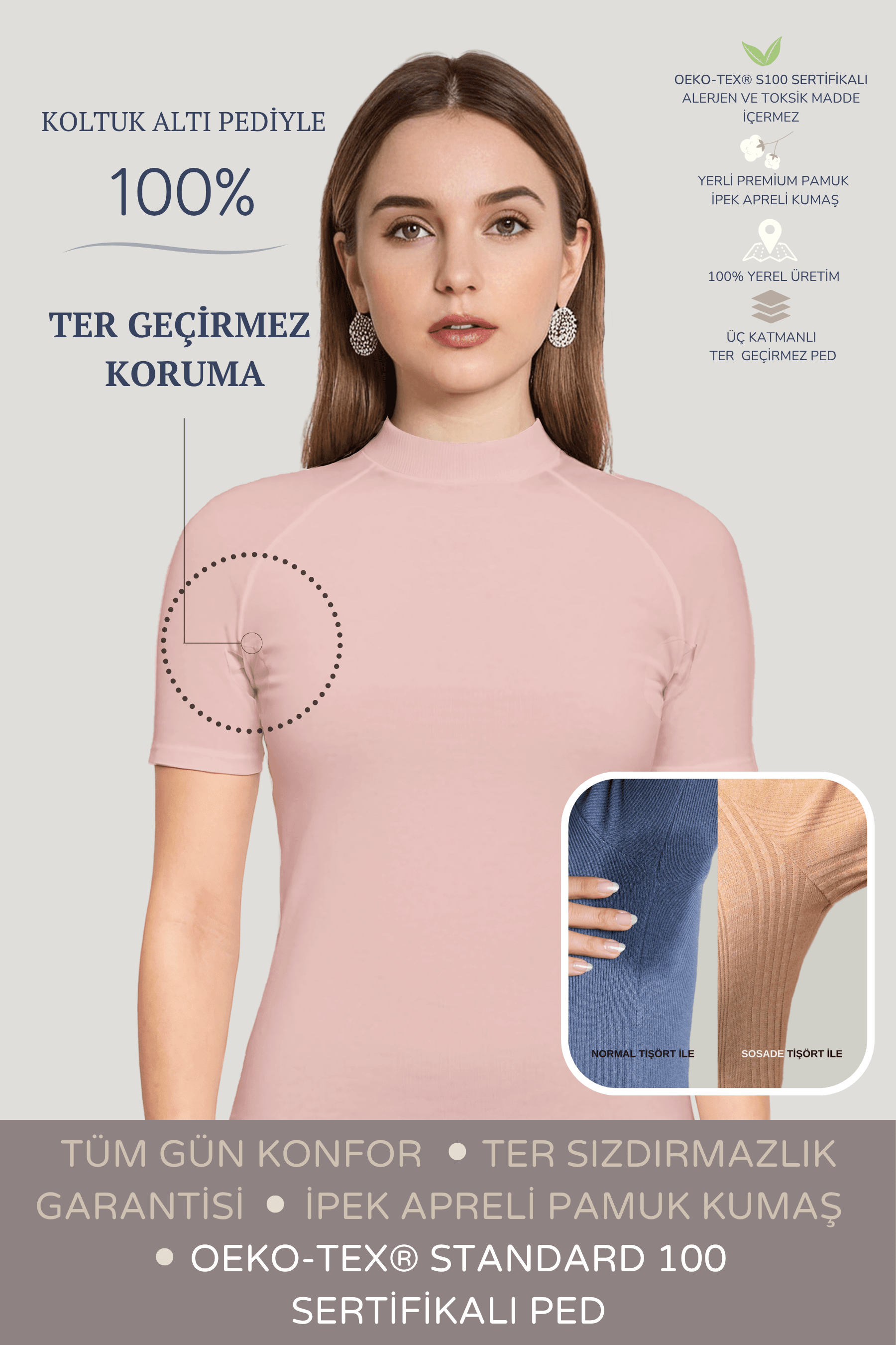 Yarım Balıkçı Yaka Tişört · Dar Kesim - Gül Kurusu