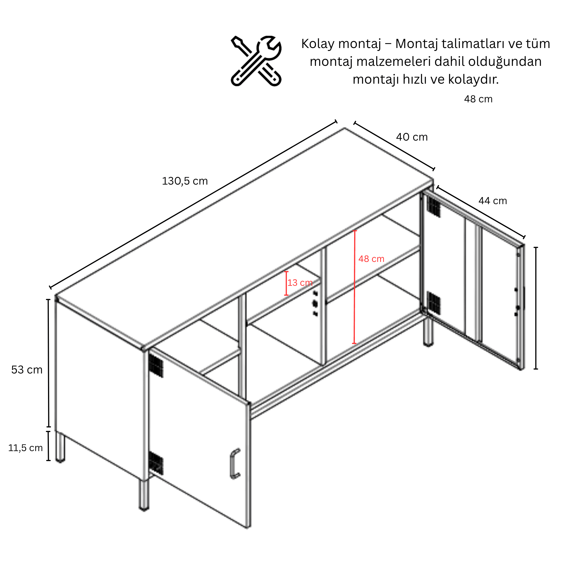 Pera Tv Ünitesi, Tv Dolabı,2 Kapaklı, Açık Raflı 130,50 x 40 x 64,50 cm - 9 Renk Seçeneği Bulunmaktadır