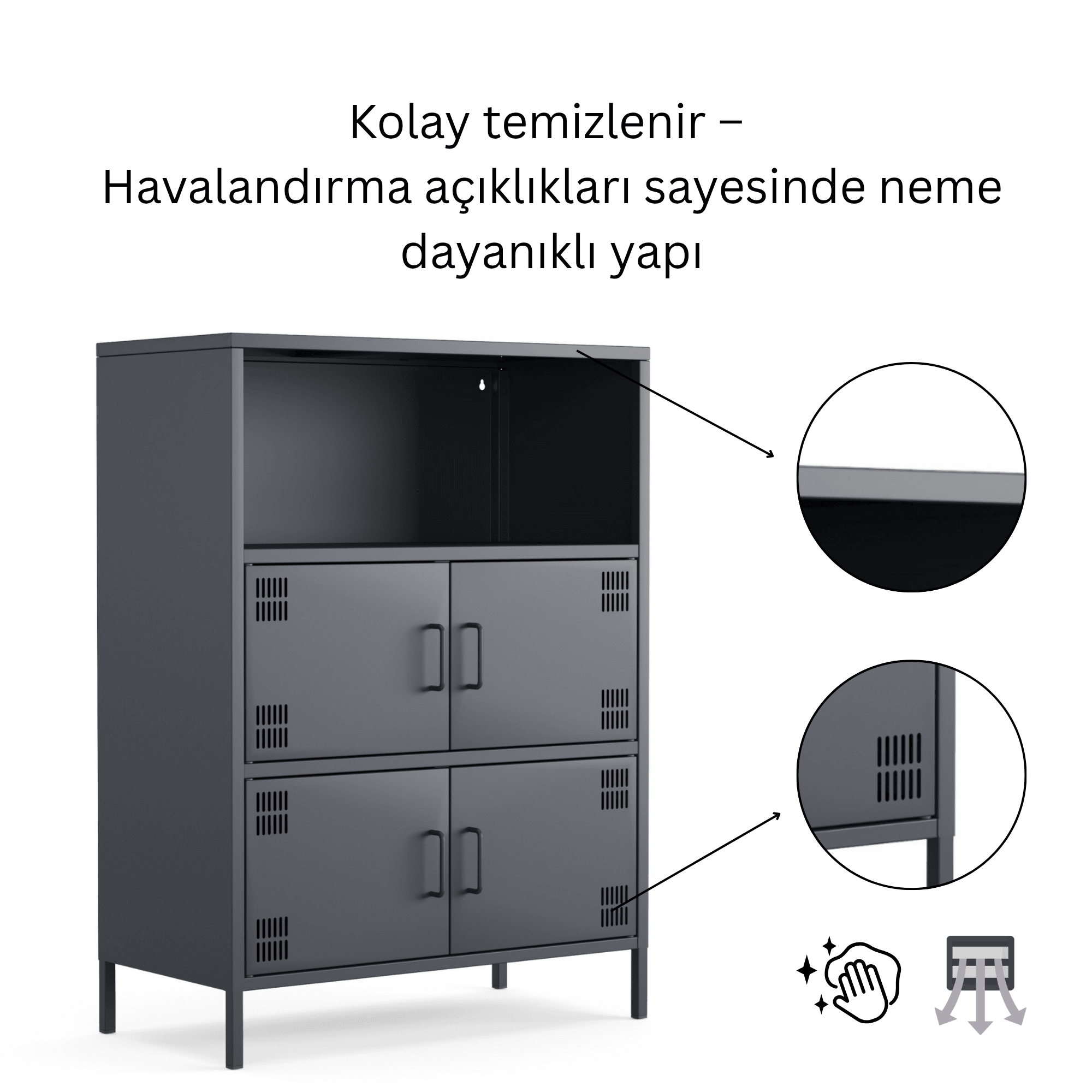 Pera Metal Çok Gözlü Dolap, 4 Kapaklı, Açık Raflı 80,50 x 40 x 109,50 cm - 9 Renk Seçeneği Bulunmaktadır