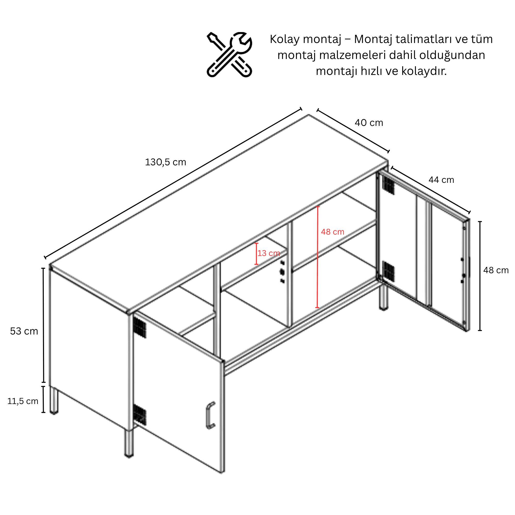 Pera Tv Ünitesi, Tv Dolabı,2 Kapaklı, Açık Raflı 130,50 x 40 x 64,50 cm - 9 Renk Seçeneği Bulunmaktadır
