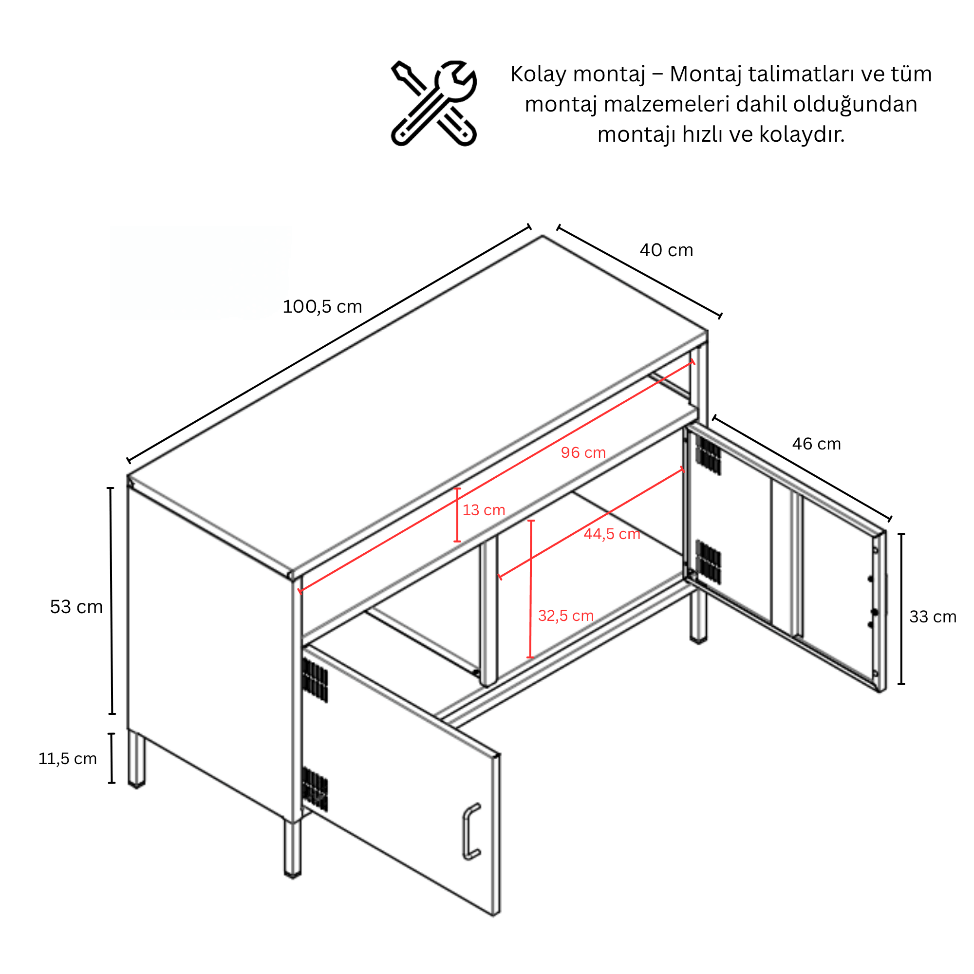 Pera Tv Ünitesi, Tv Dolabı,2 Kapaklı, Açık Raflı 100,50 x 40 x 64,50 cm - 9 Renk Seçeneği Bulunmaktadır