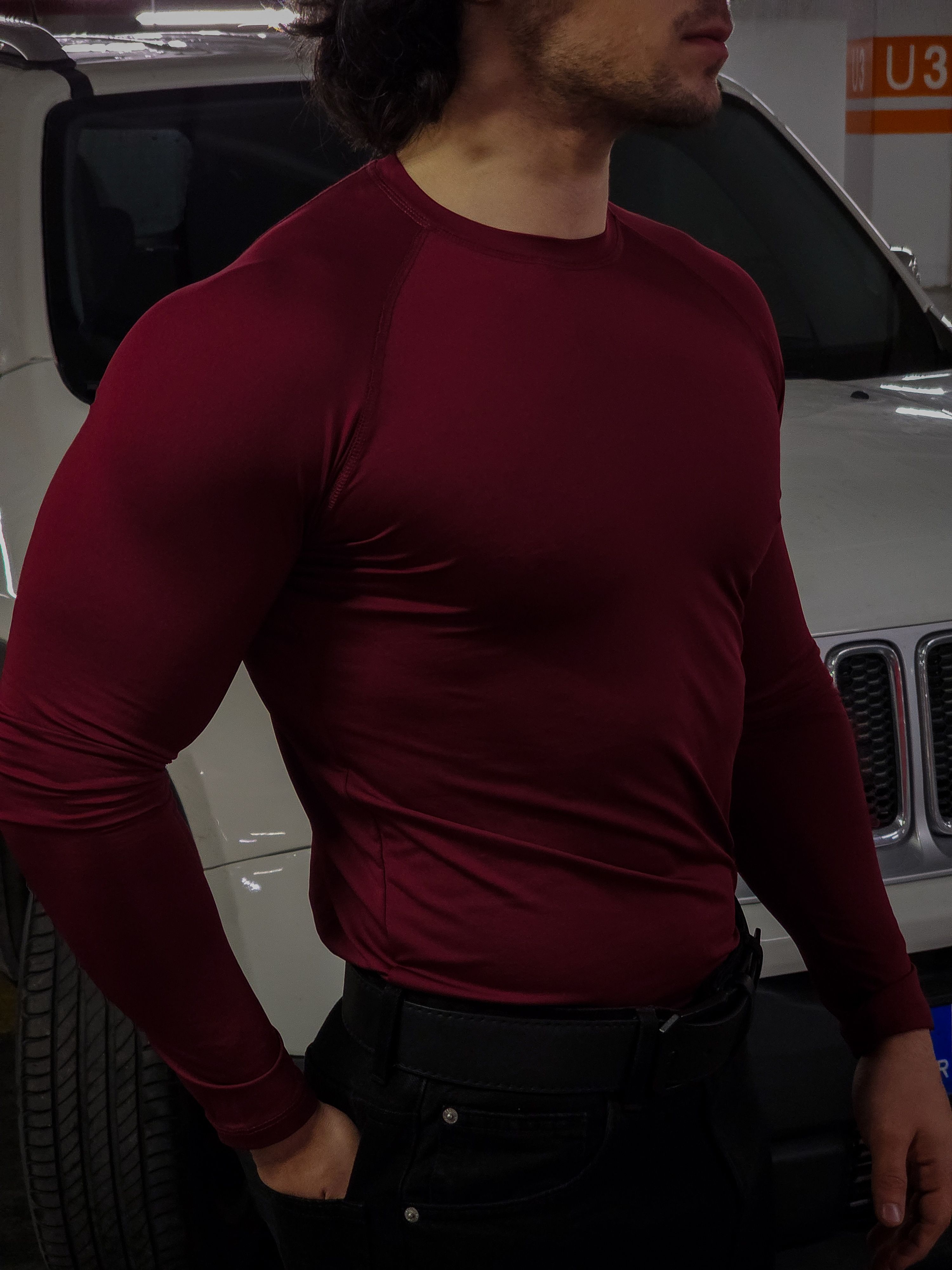 Uzun Kollu Basic Compression Tshirt - Bordo