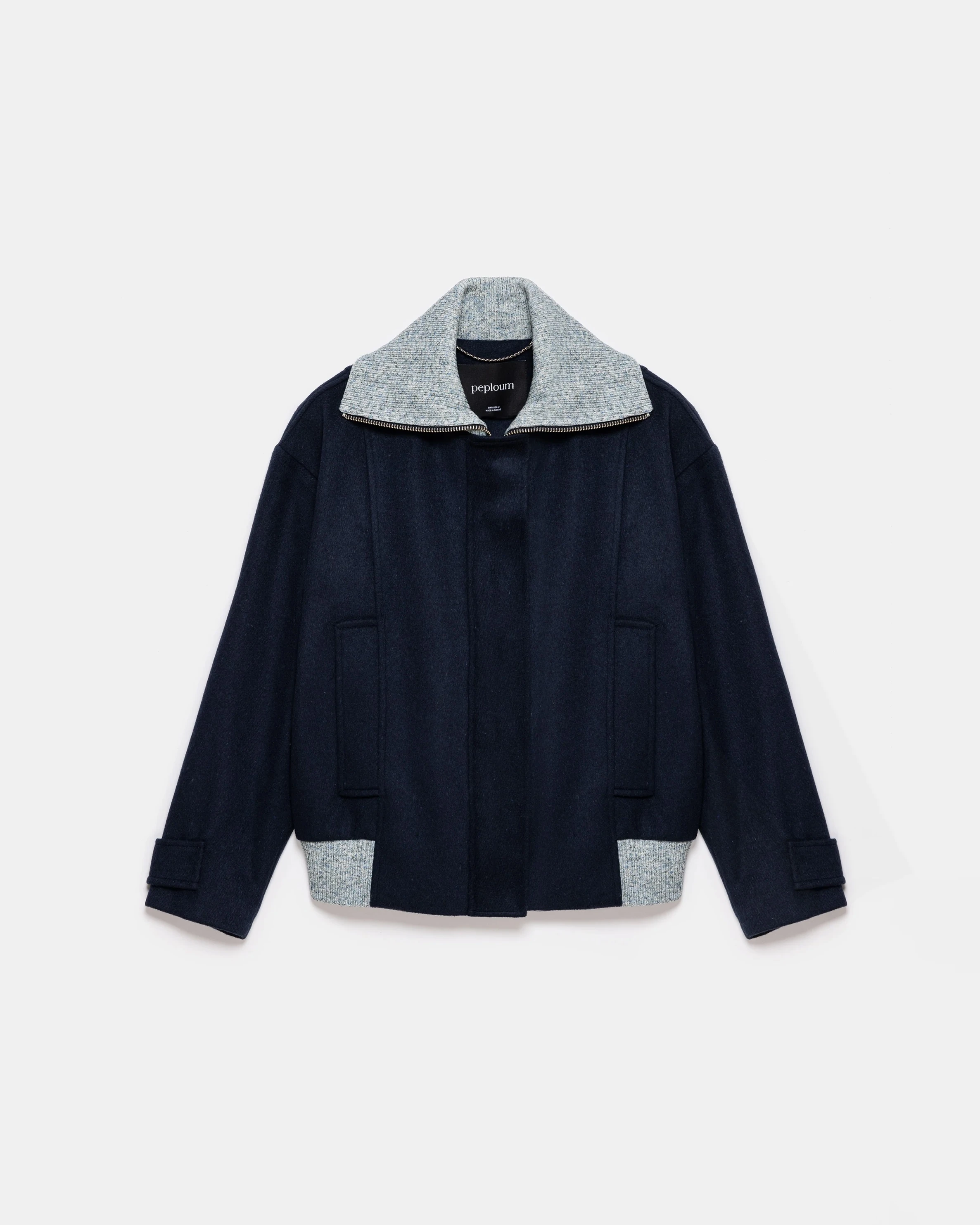 Grace Knit Collar Short Coat - Navy Blue
