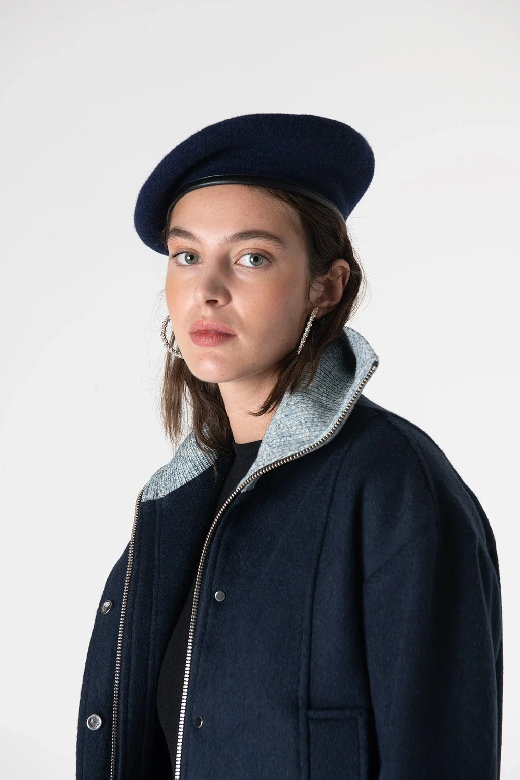 Grace Knit Collar Short Coat - Navy Blue