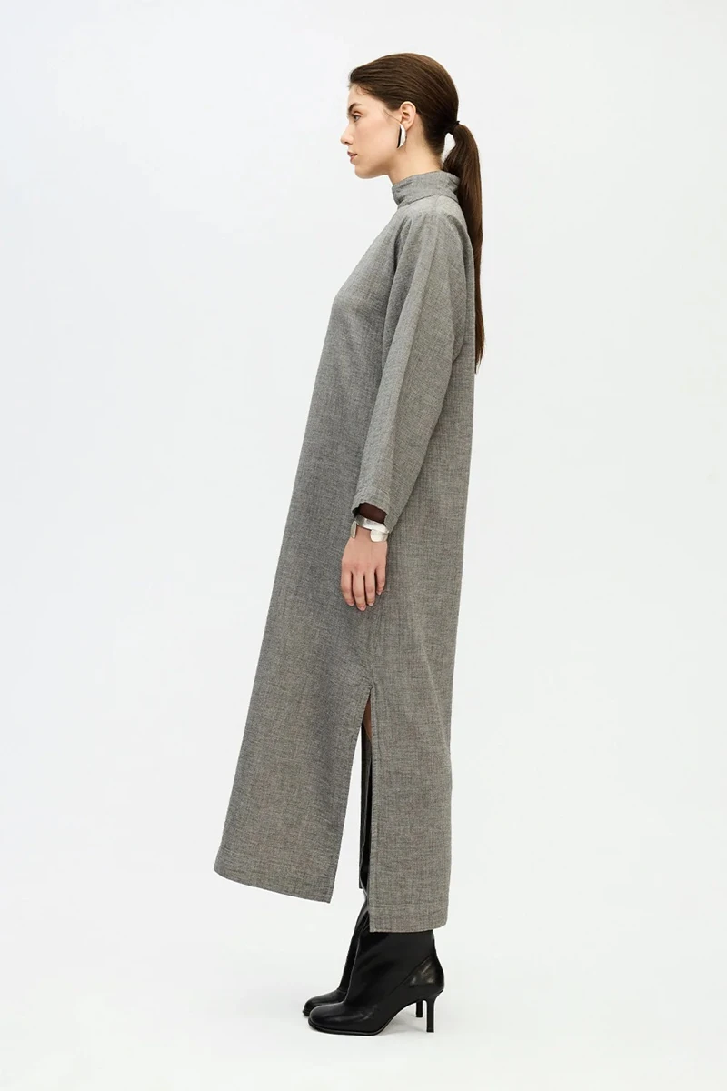 X Gri Boğazlı Elbise