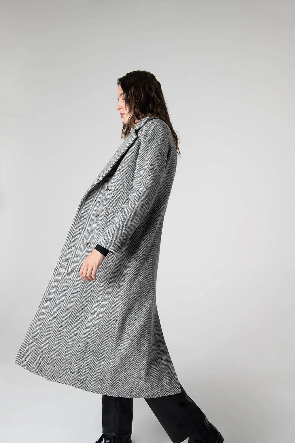 Adele Herringbone Coat - Cool Grey