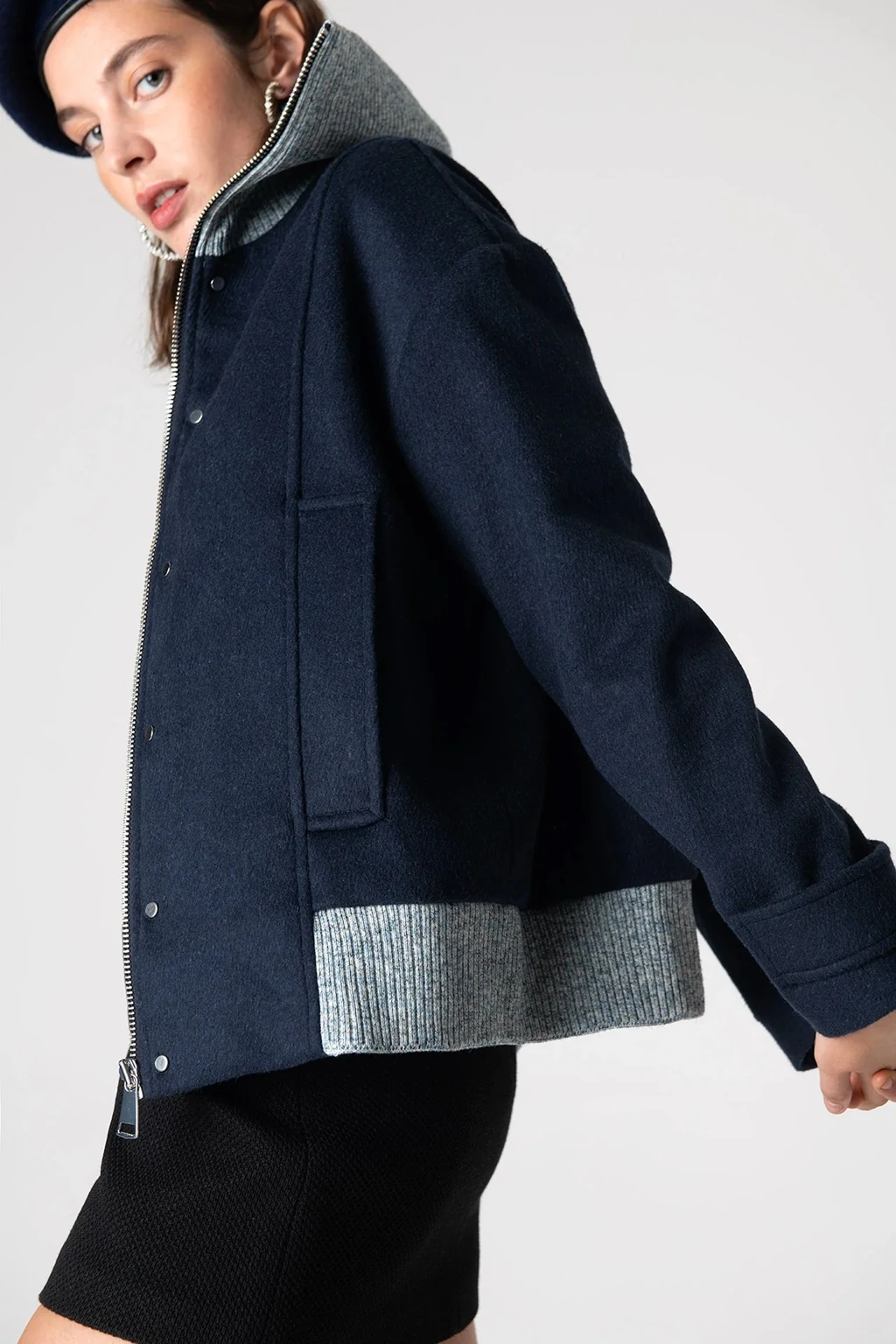 Grace Knit Collar Short Coat - Navy Blue