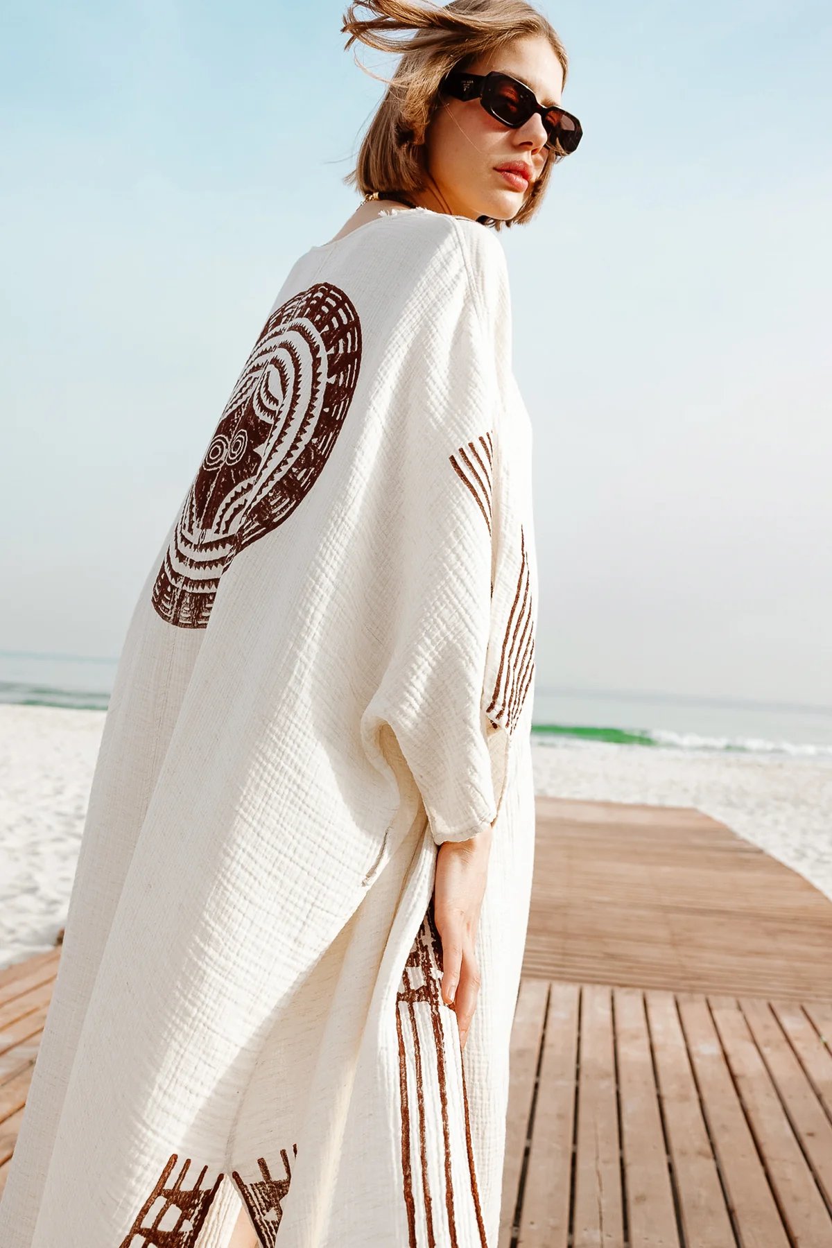 Crinkle Keten Kahverengi Baskılı Kimono